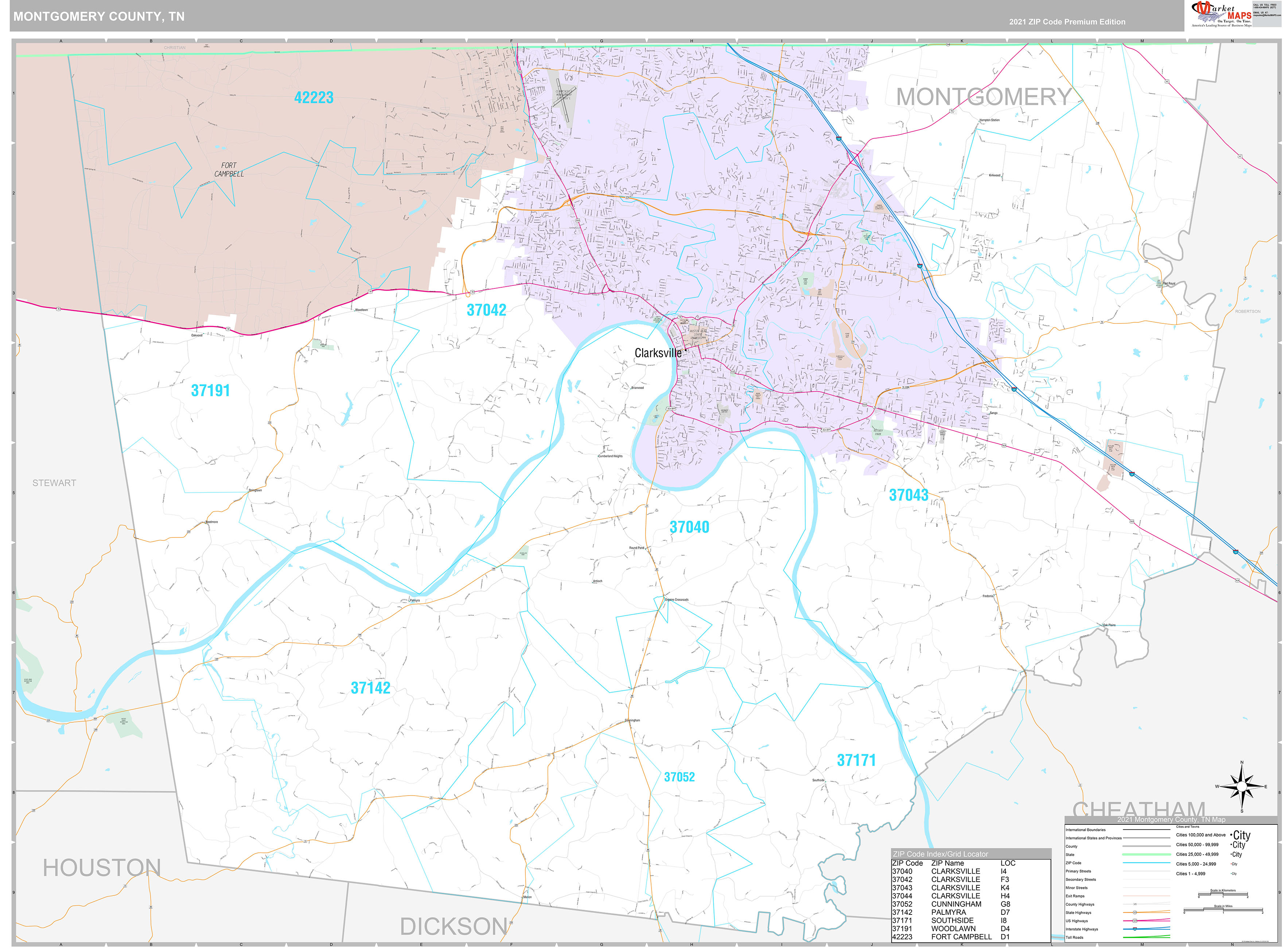 Montgomery County, TN Wall Map Premium Style by MarketMAPS