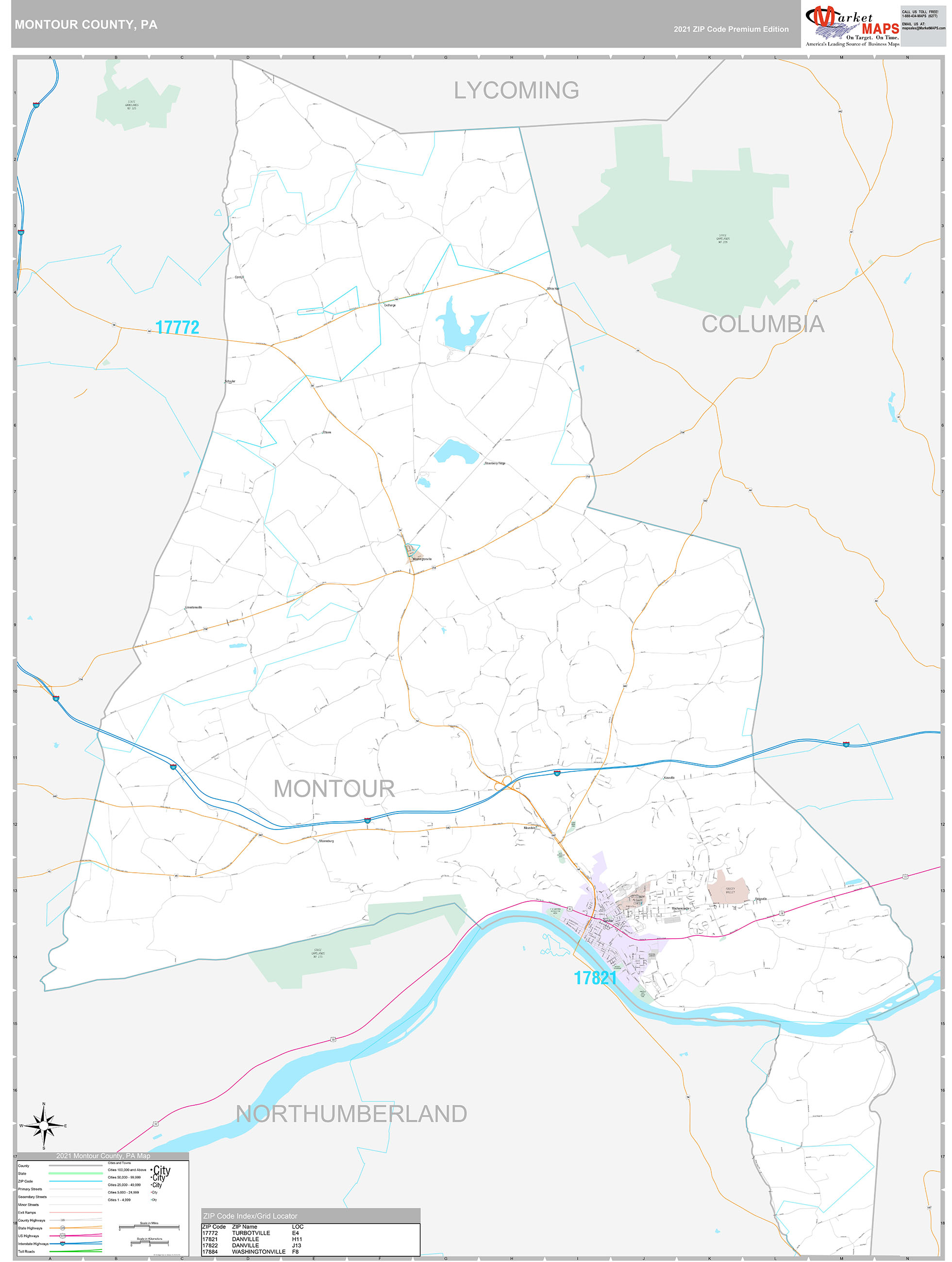 Montour County, PA Wall Map Premium Style by MarketMAPS