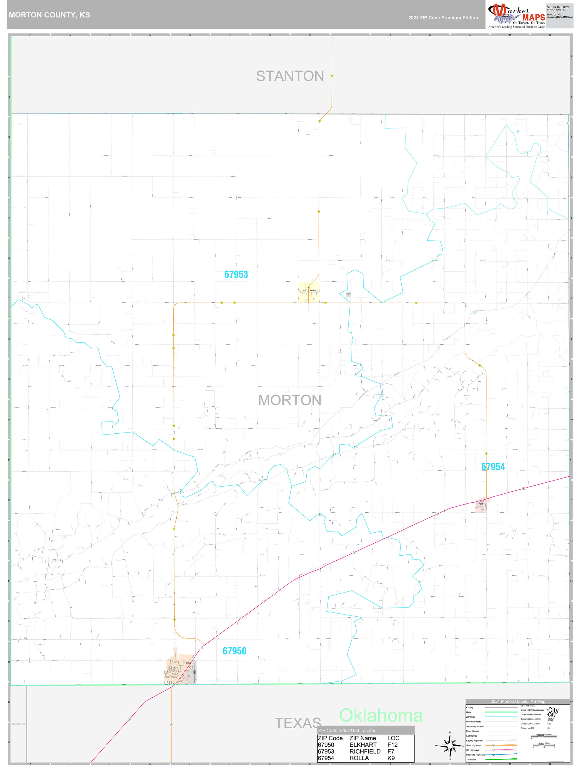 Morton County, KS Wall Map Premium Style by MarketMAPS