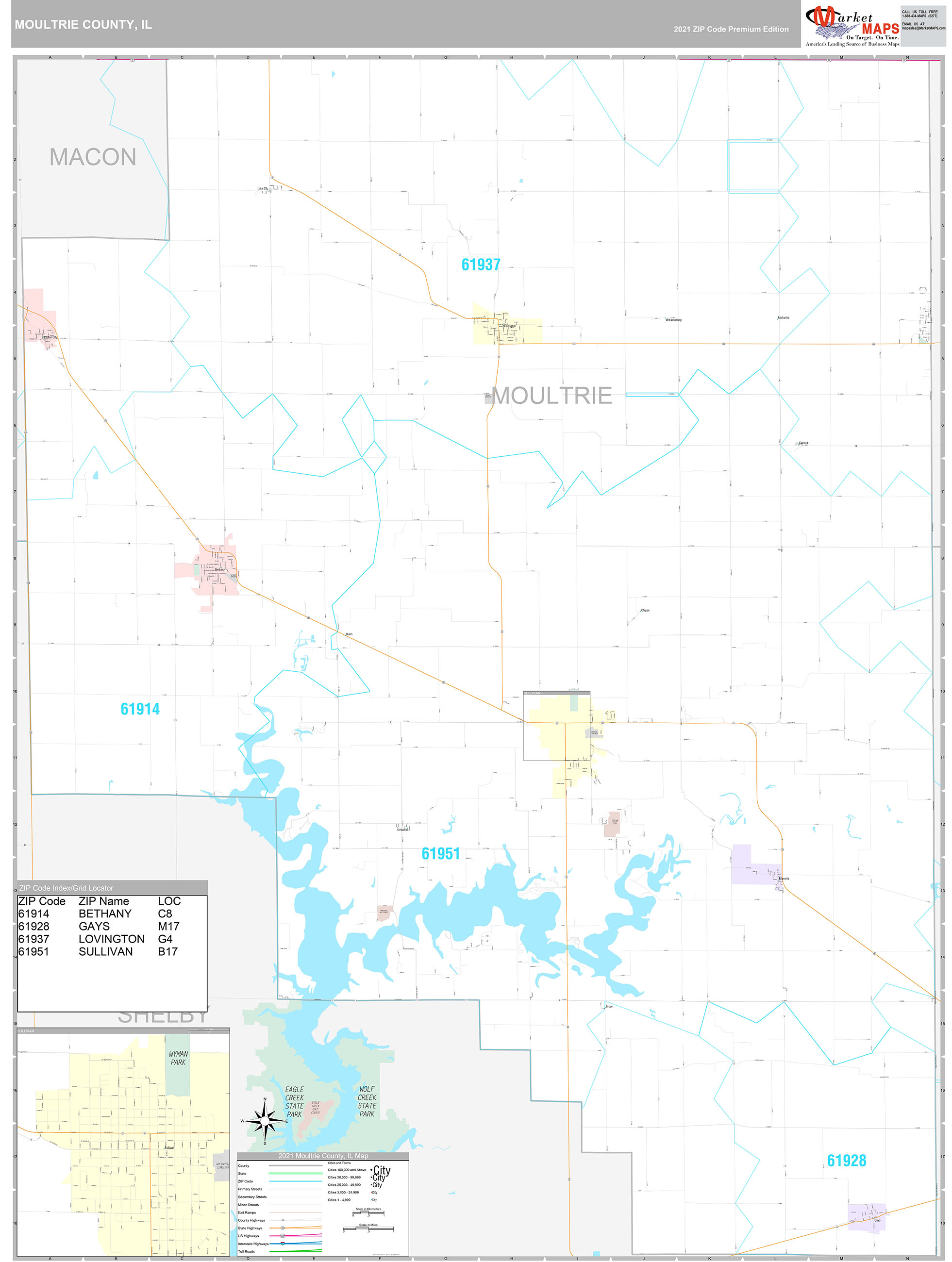 Moultrie County, IL Wall Map Premium Style by MarketMAPS