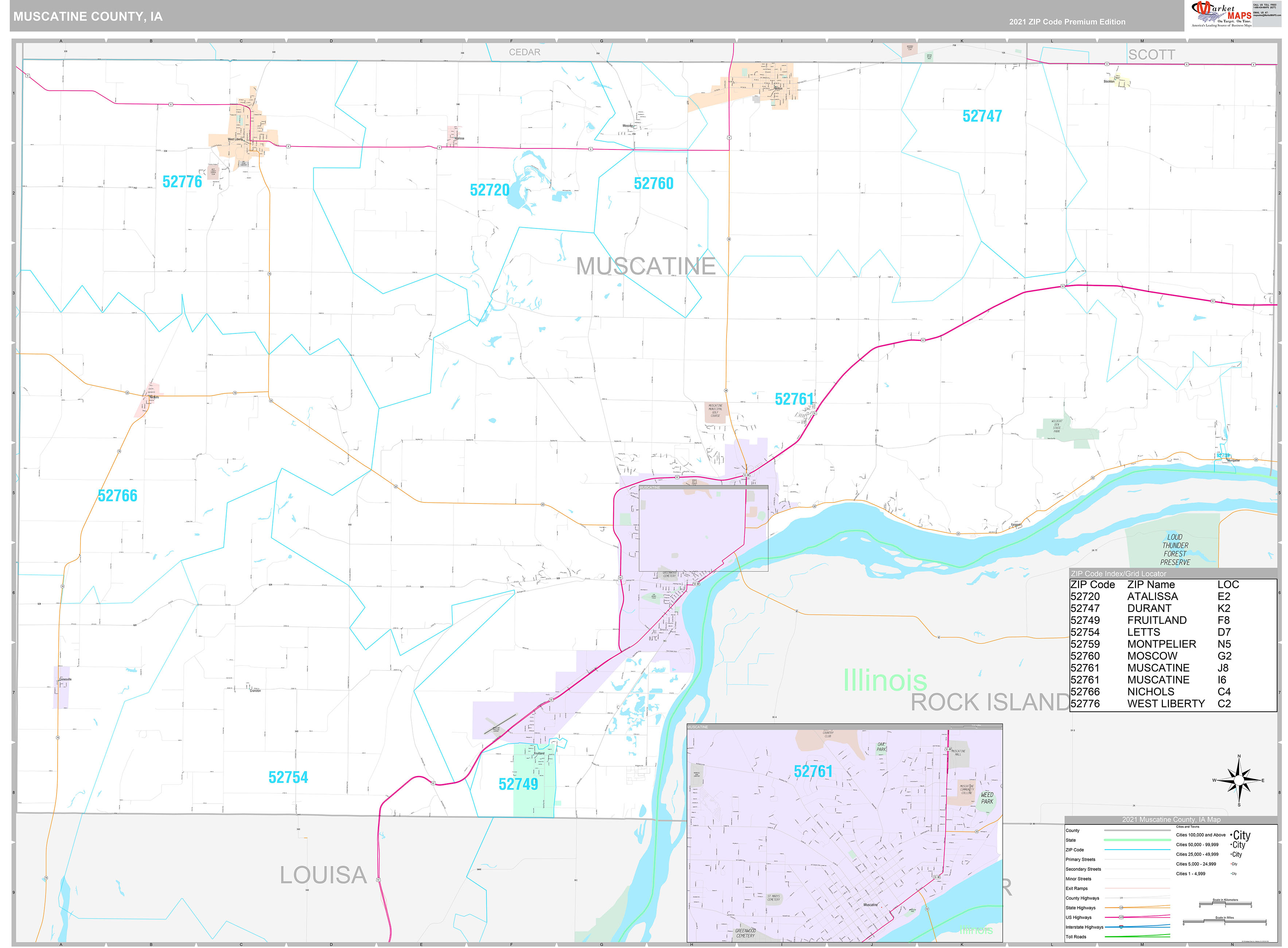 Muscatine County, IA Wall Map Premium Style by MarketMAPS