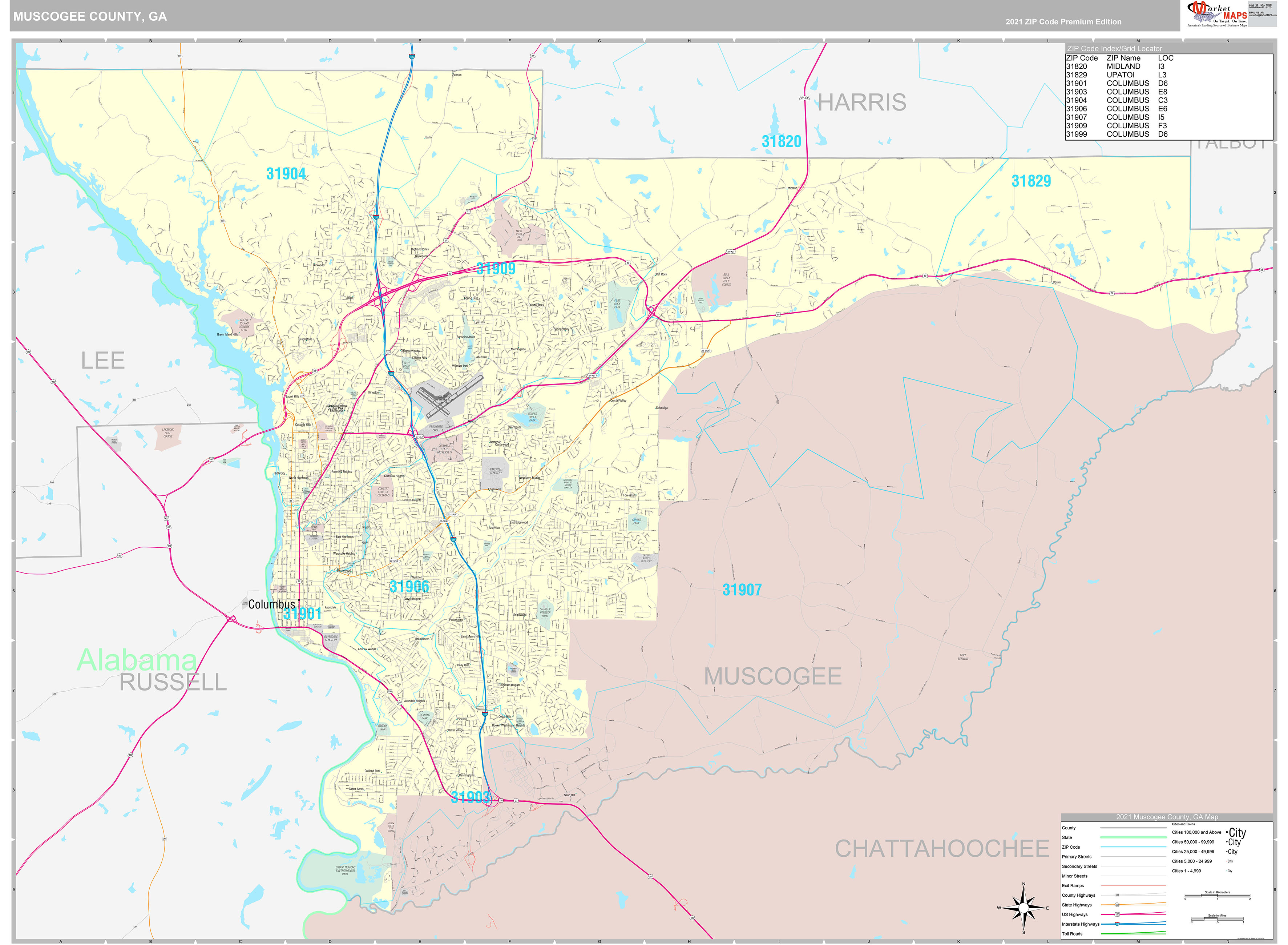 Muscogee County, GA Wall Map Premium Style by MarketMAPS