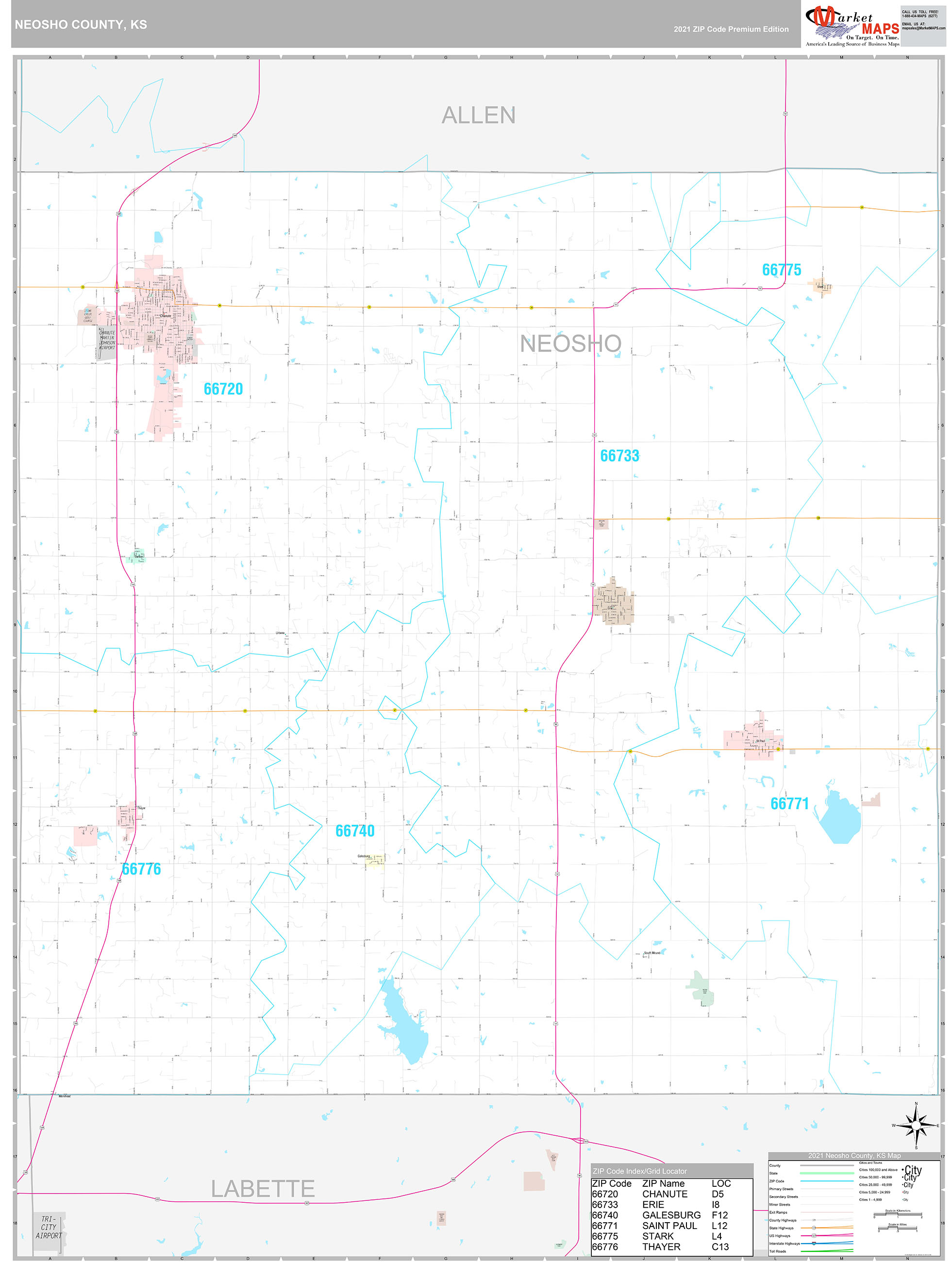Neosho County, KS Wall Map Premium Style by MarketMAPS