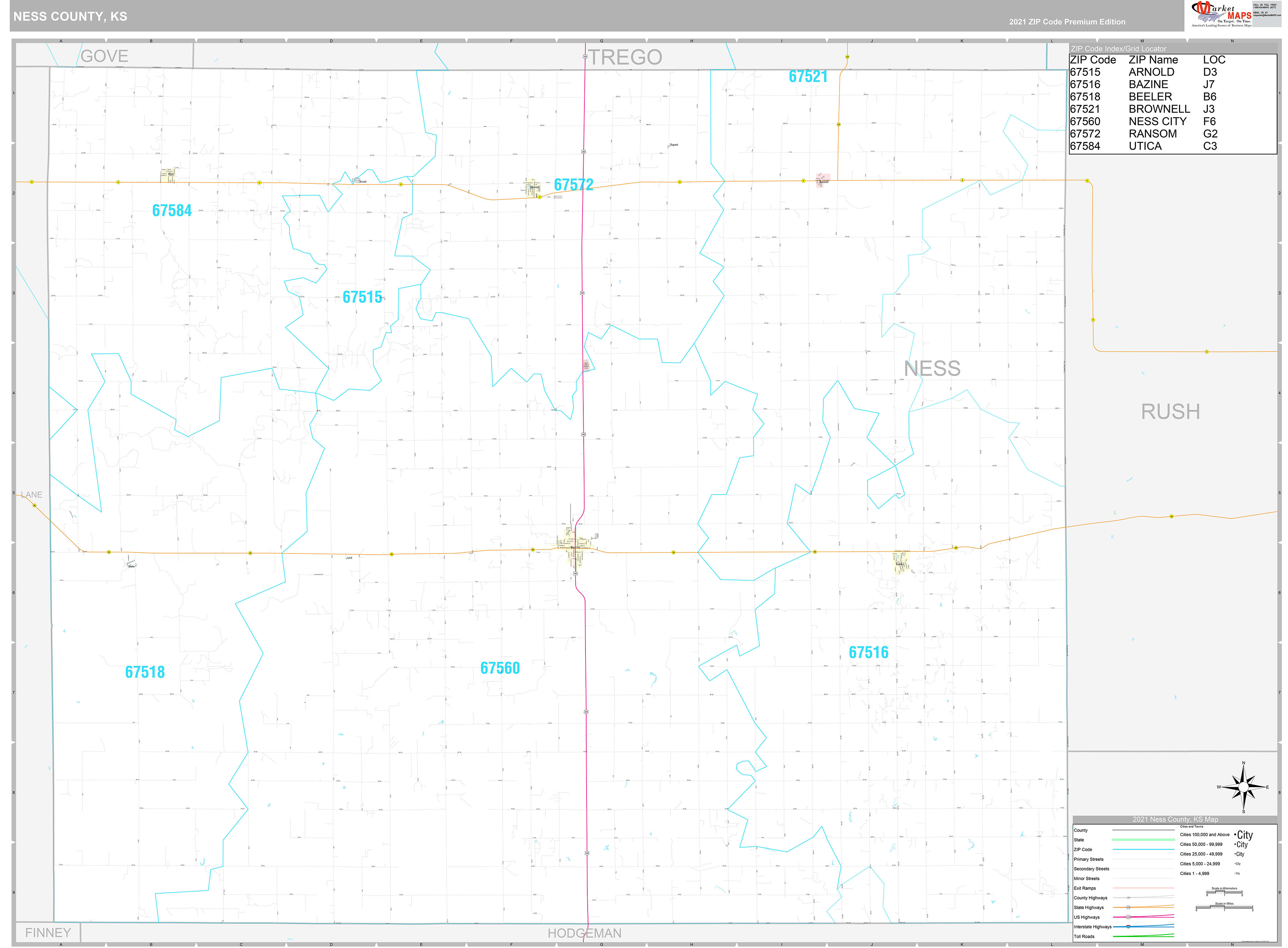 Ness County, KS Wall Map Premium Style by MarketMAPS