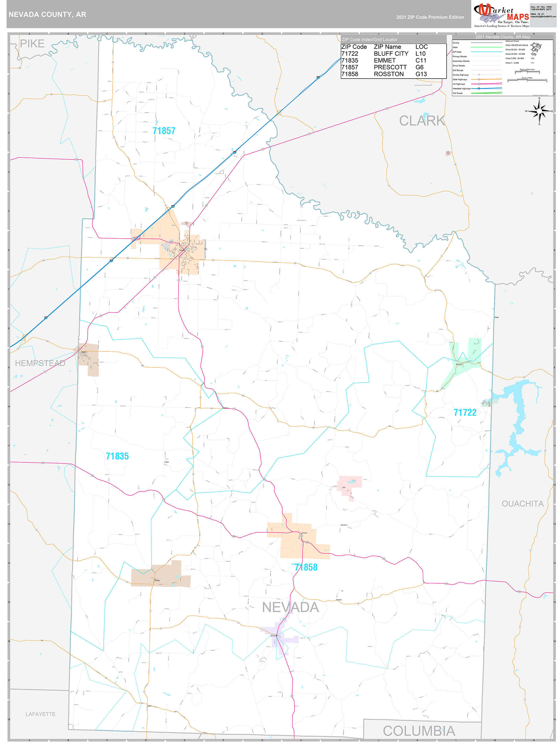 Nevada County, AR Wall Map Premium Style by MarketMAPS MapSales