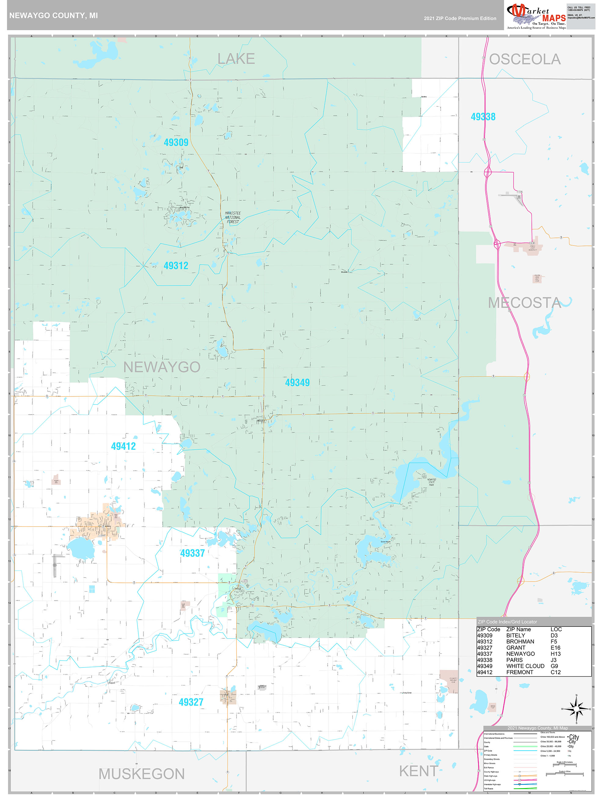 Newaygo County, MI Wall Map Premium Style by MarketMAPS