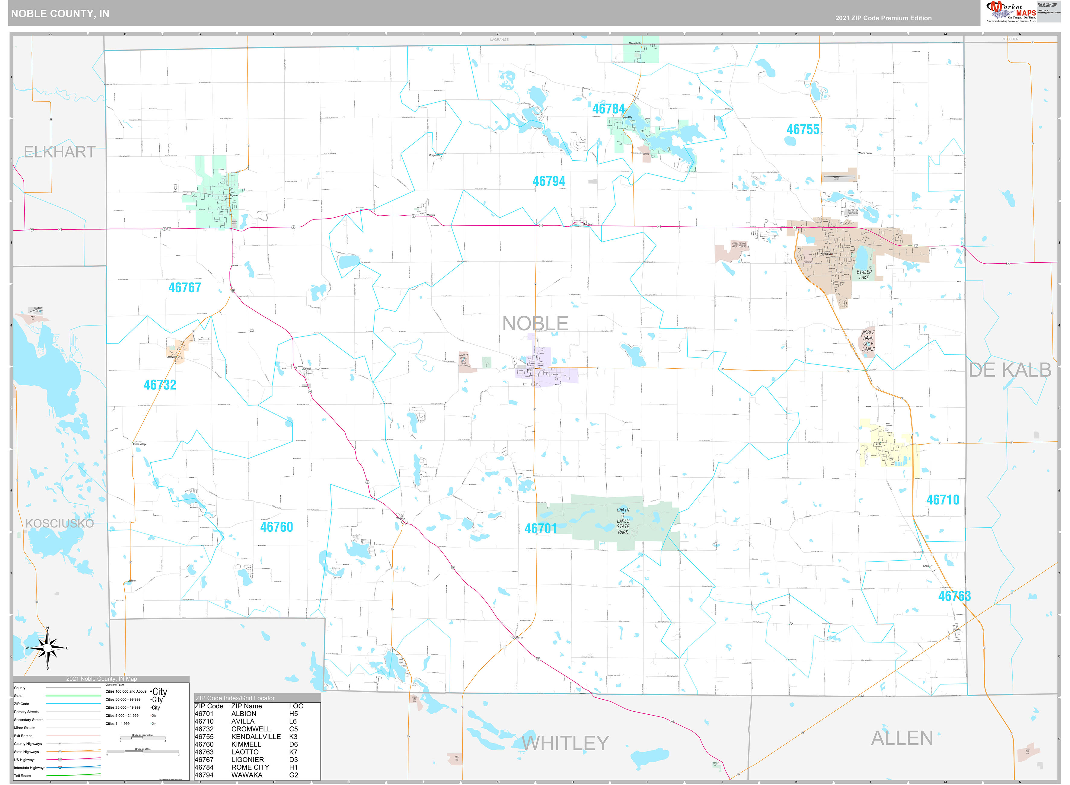 Noble County, IN Wall Map Premium Style by MarketMAPS