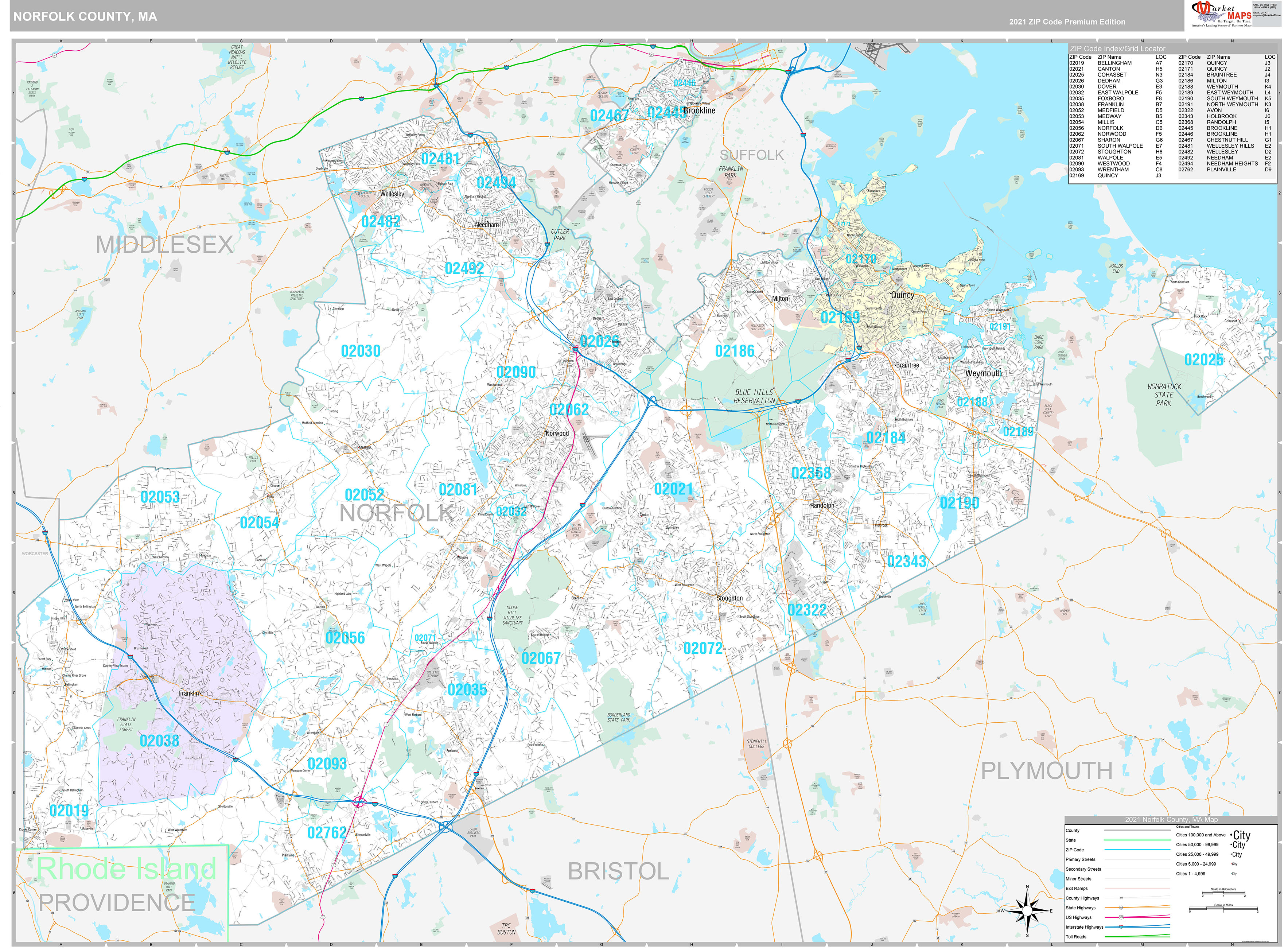 Norfolk County, MA Wall Map Premium Style by MarketMAPS