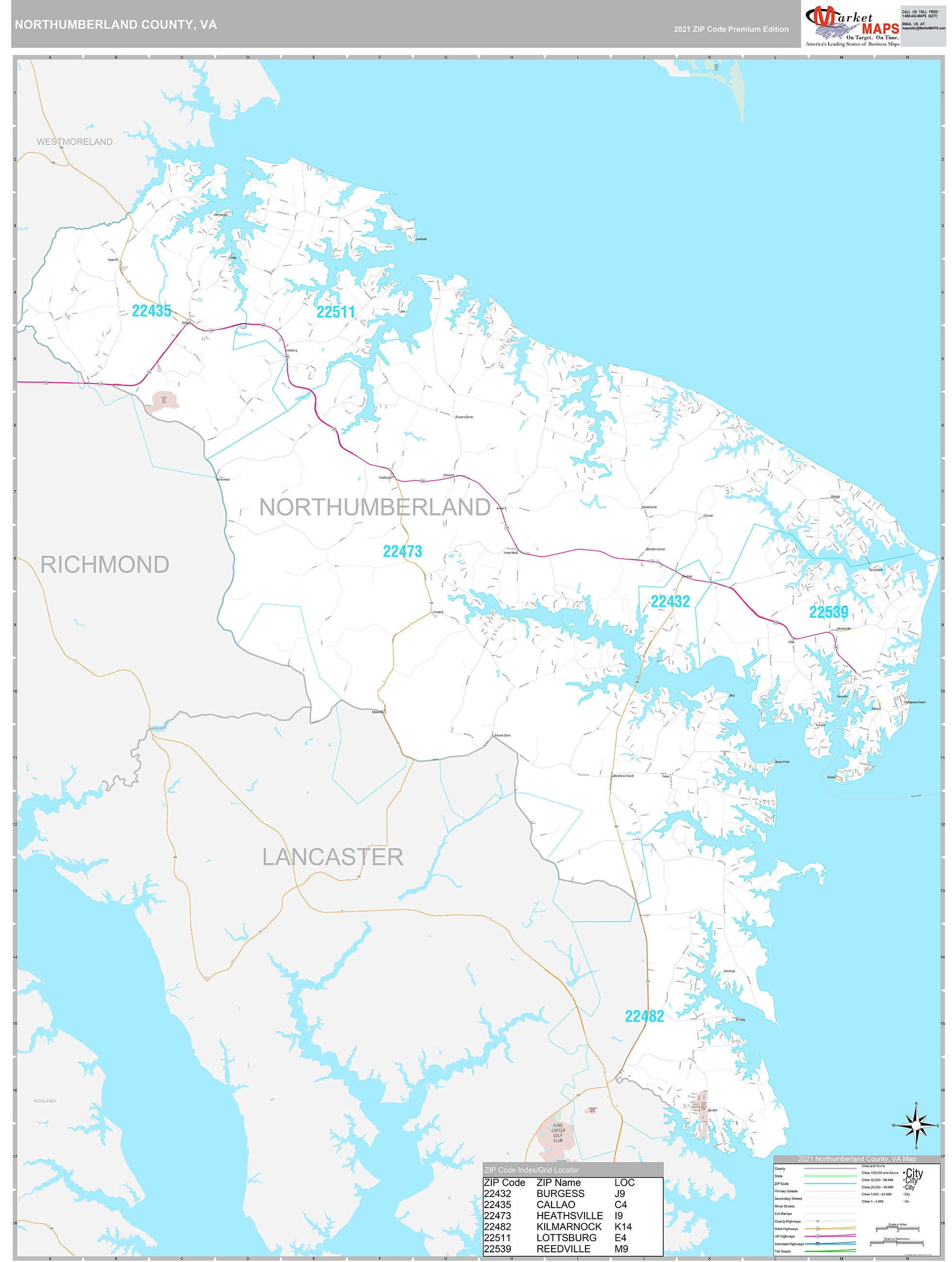 Northumberland County, VA Wall Map Premium Style by MarketMAPS