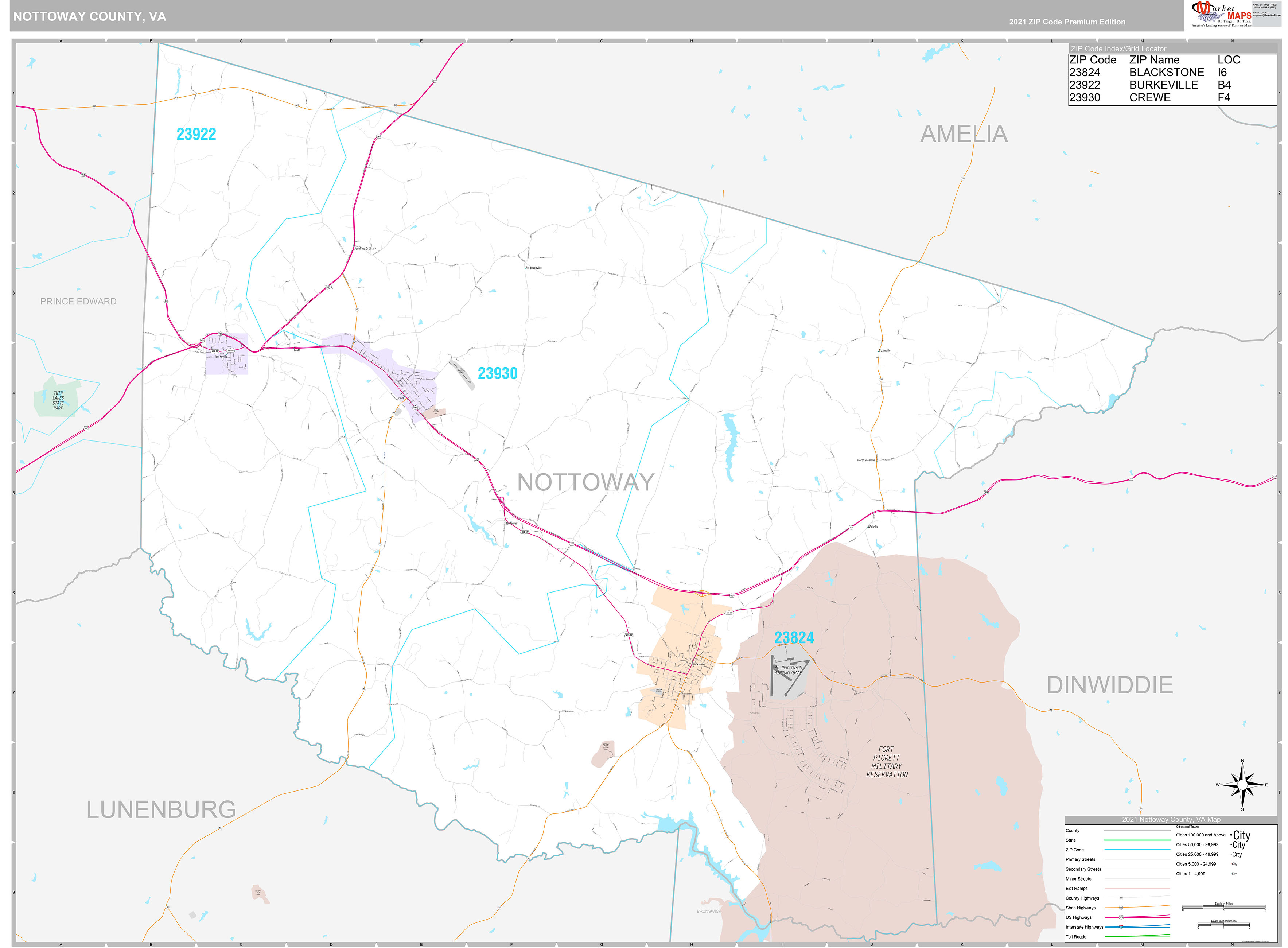 Nottoway County, VA Wall Map Premium Style by MarketMAPS MapSales