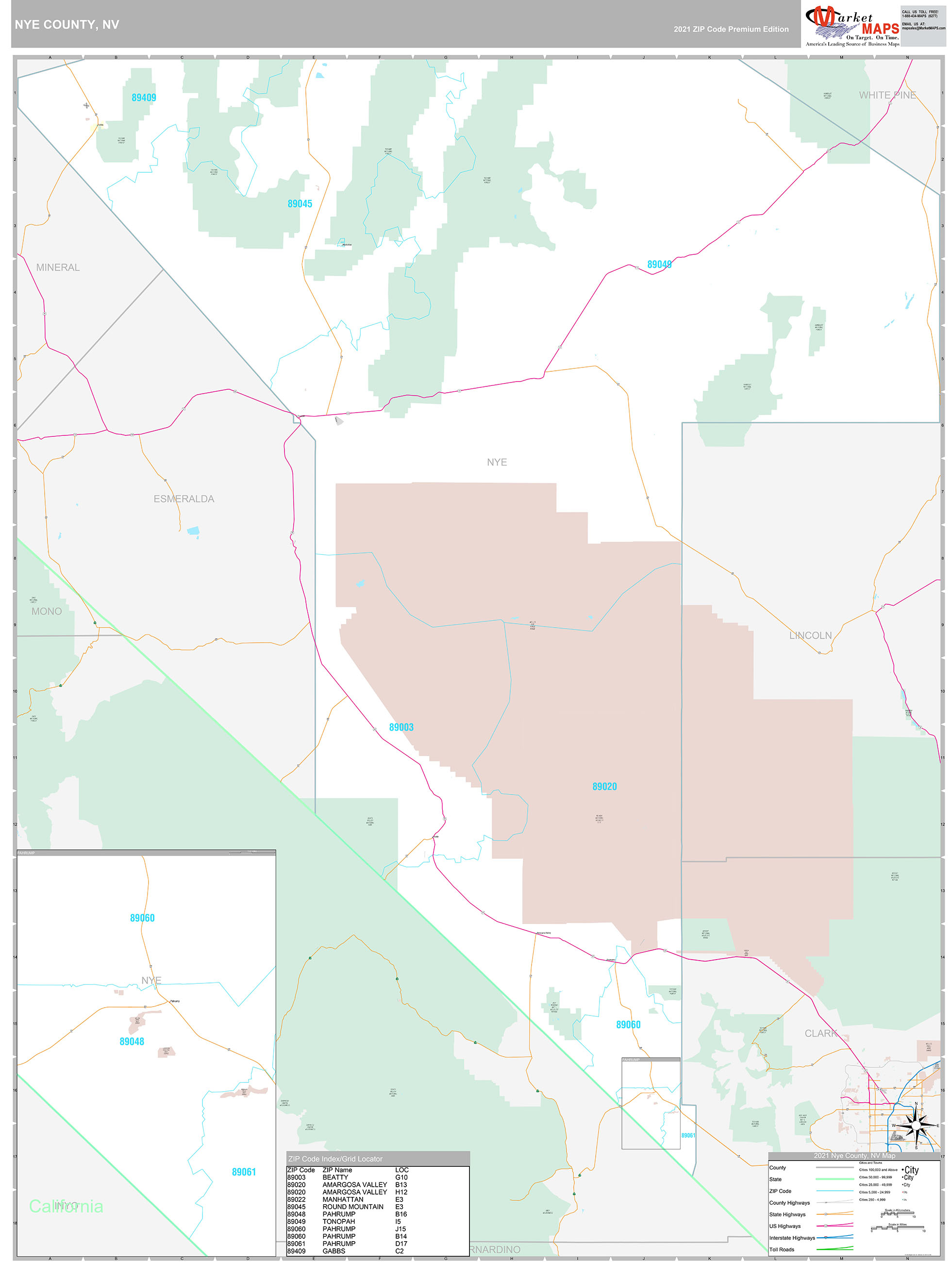 Nye County, NV Wall Map Premium Style by MarketMAPS MapSales
