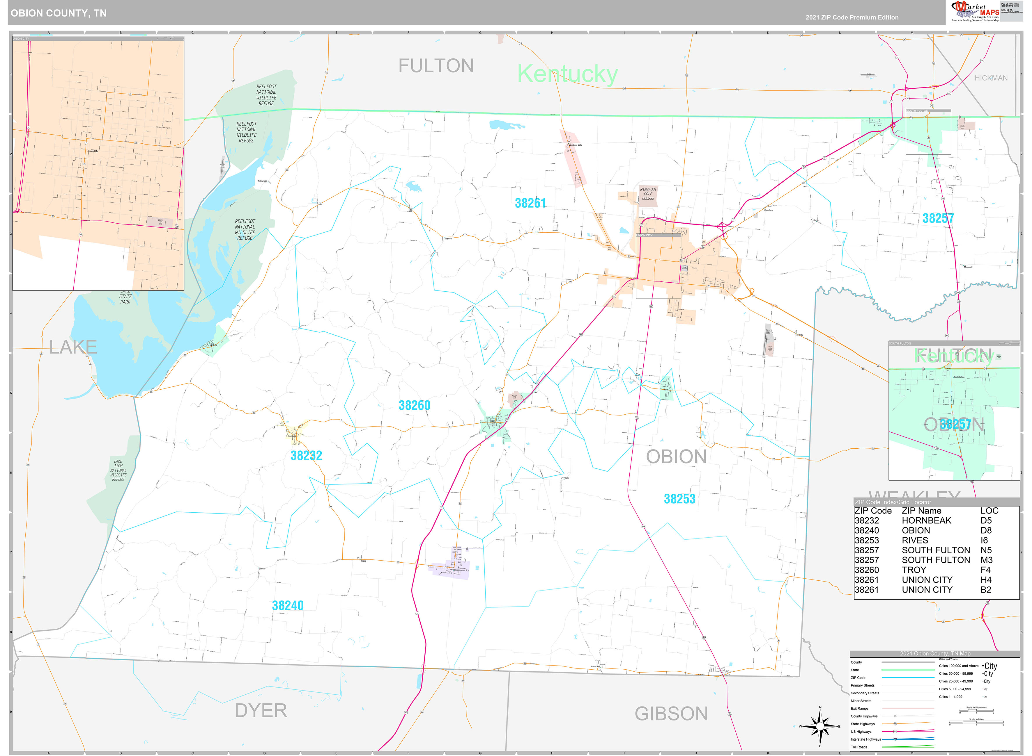 Obion County, TN Wall Map Premium Style by MarketMAPS
