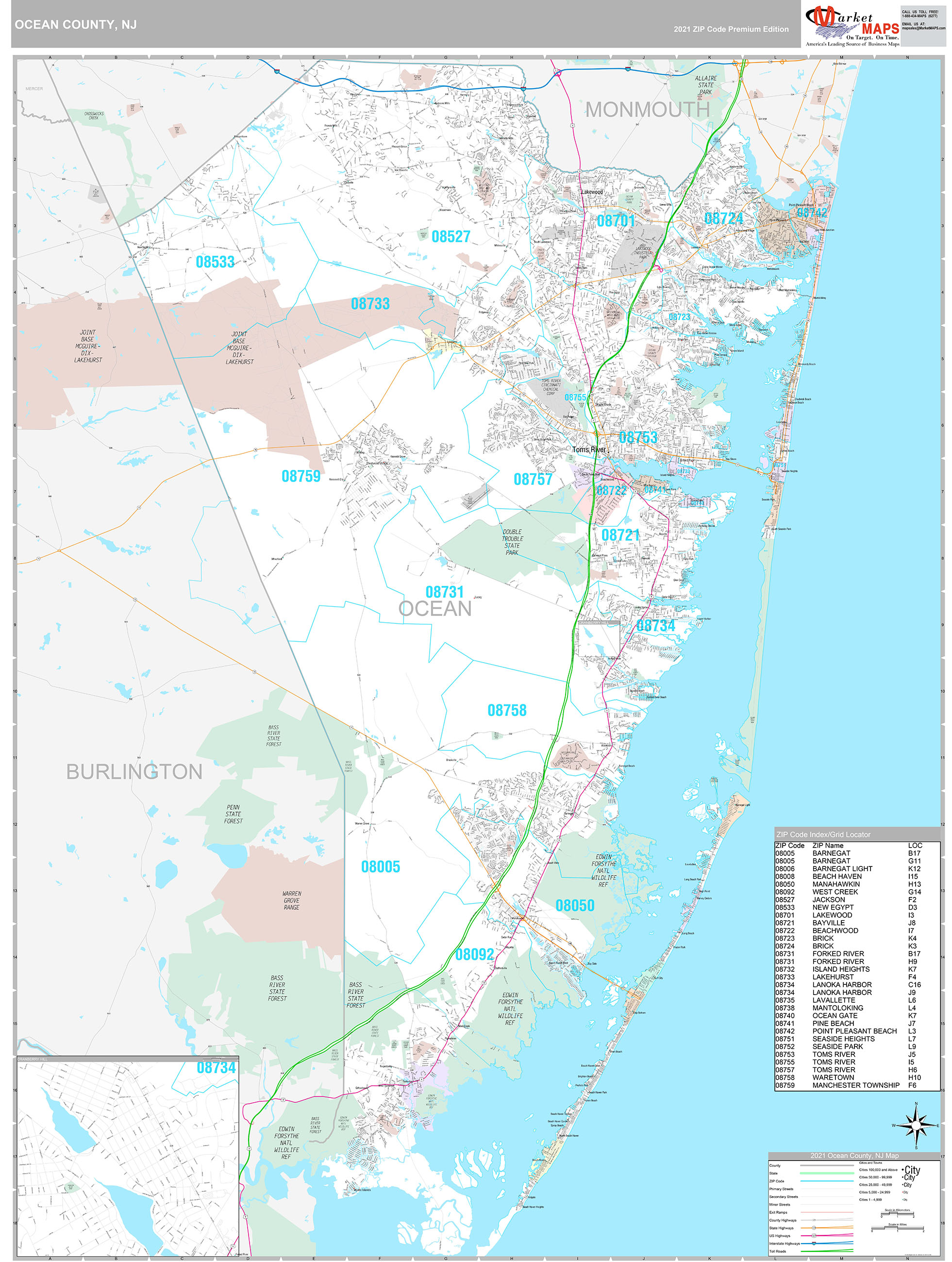 Ocean County, NJ Wall Map Premium Style by MarketMAPS