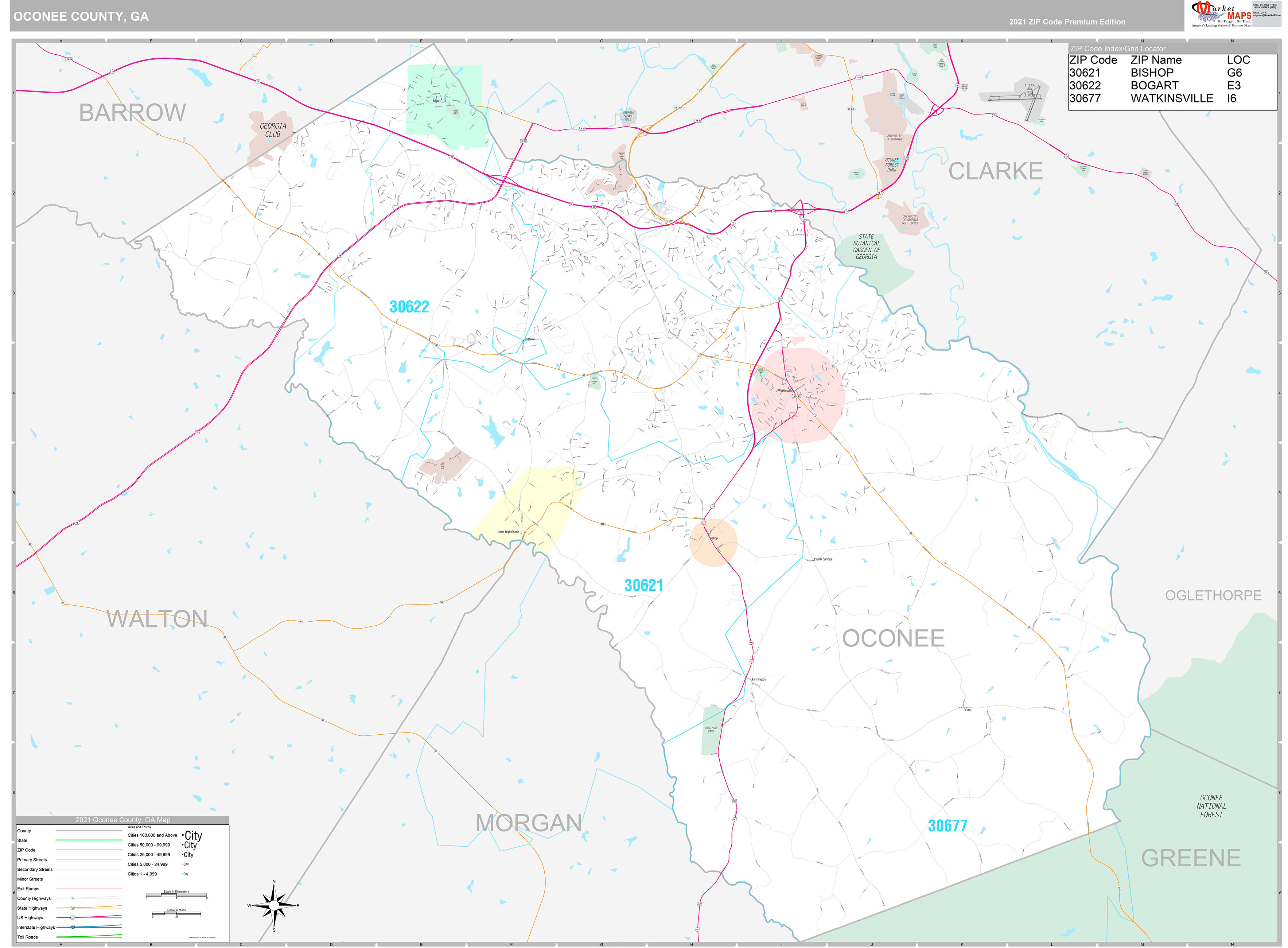 Oconee County, GA Wall Map Premium Style by MarketMAPS