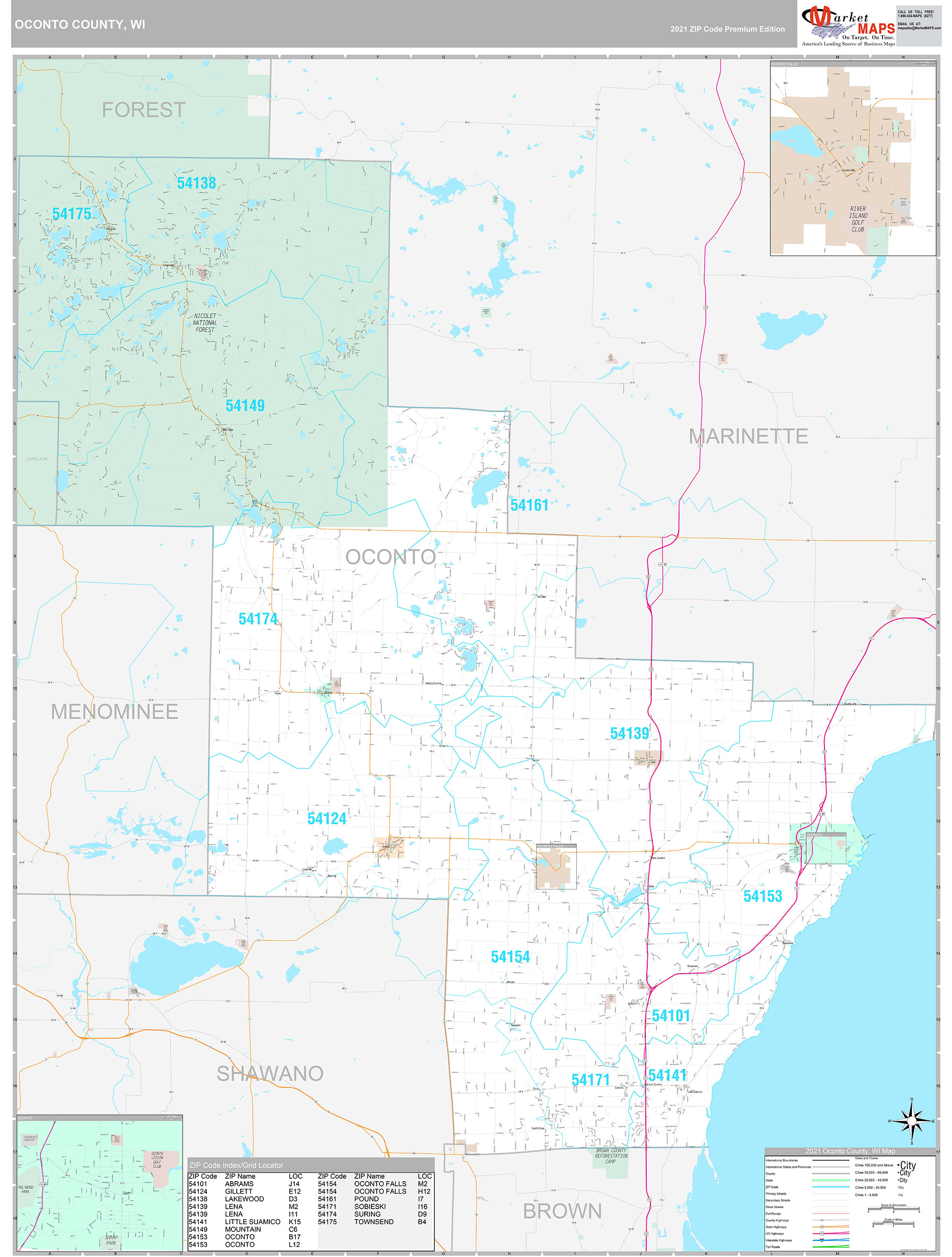 Oconto County Wi Wall Map Premium Style By Marketmaps Mapsales