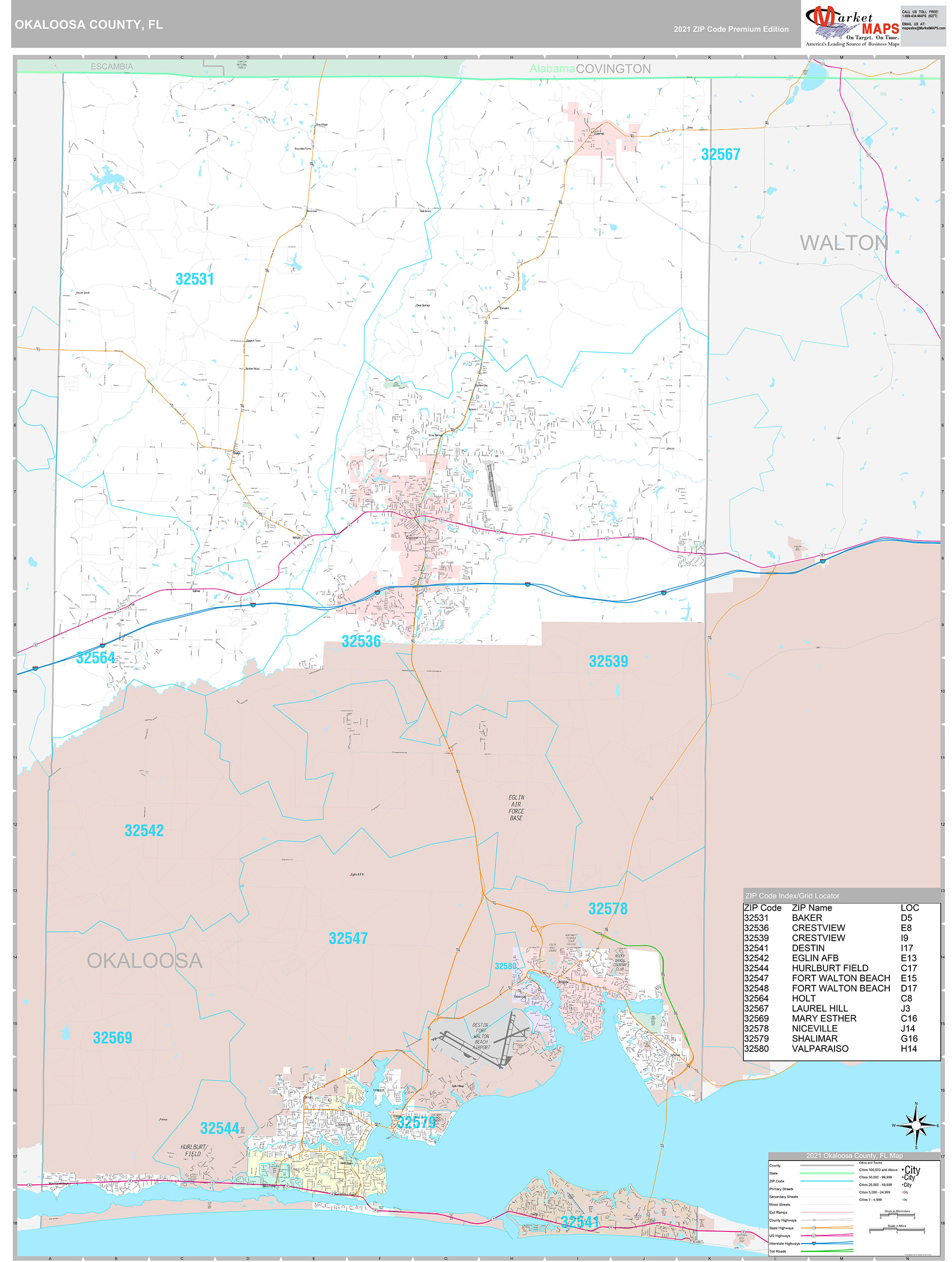 Okaloosa County, FL Wall Map Premium Style by MarketMAPS MapSales