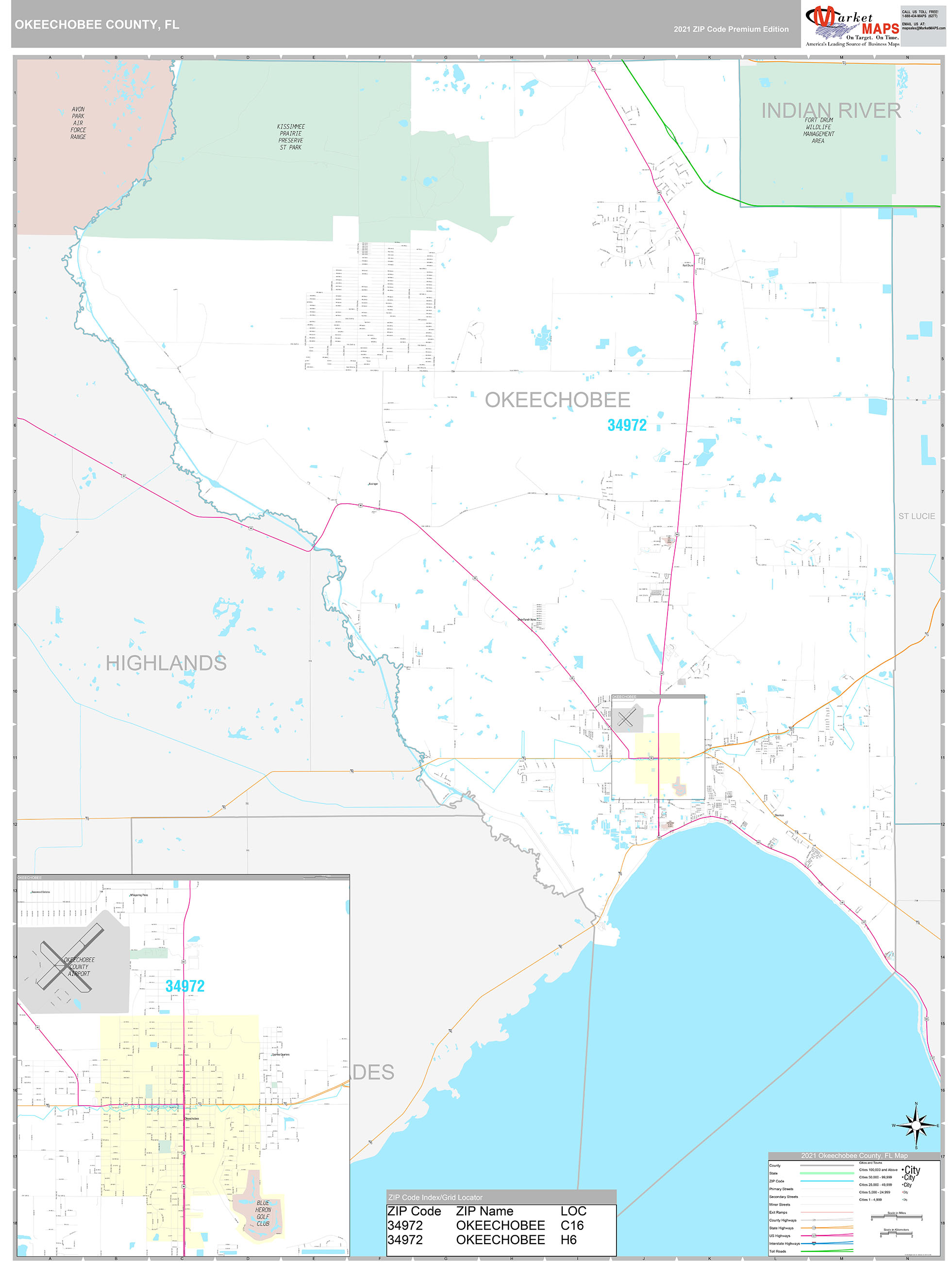 Okeechobee County, FL Wall Map Premium Style by MarketMAPS