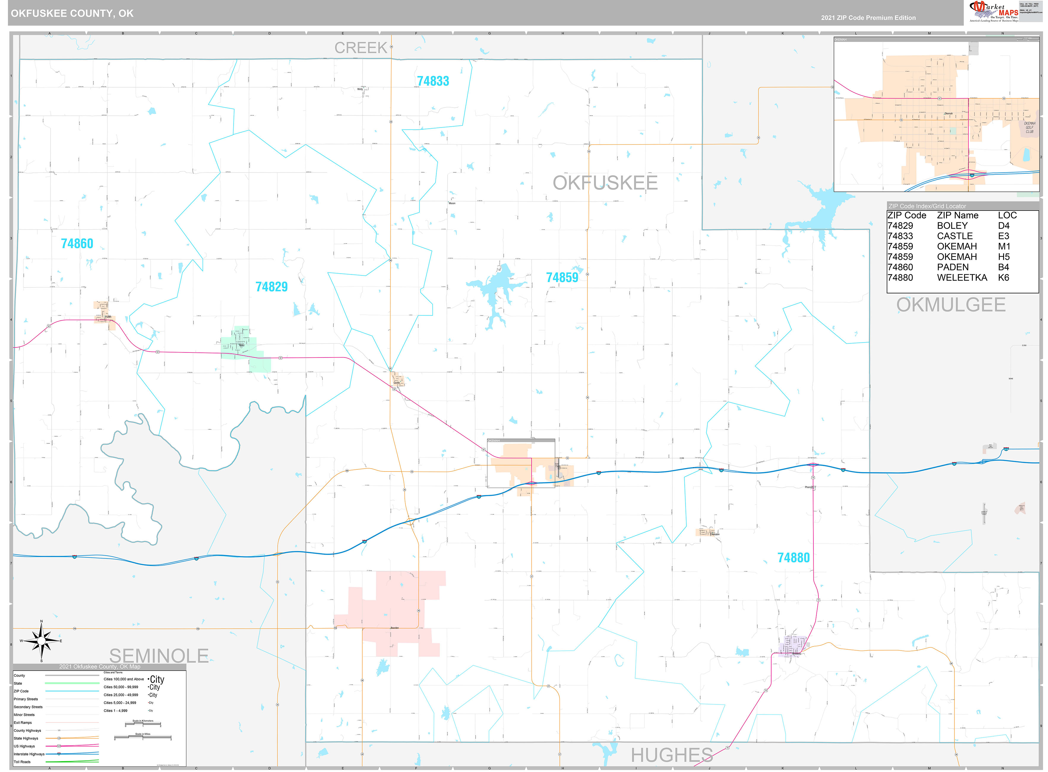 Okfuskee County, OK Wall Map Premium Style by MarketMAPS MapSales