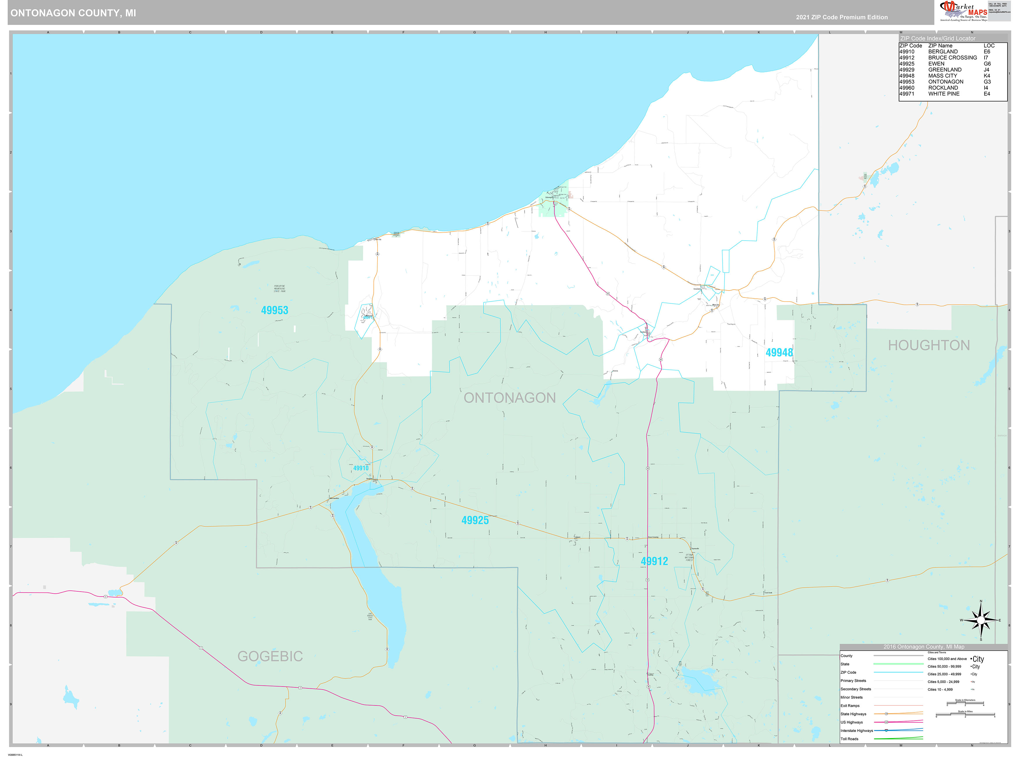 Ontonagon County, MI Wall Map Premium Style by MarketMAPS