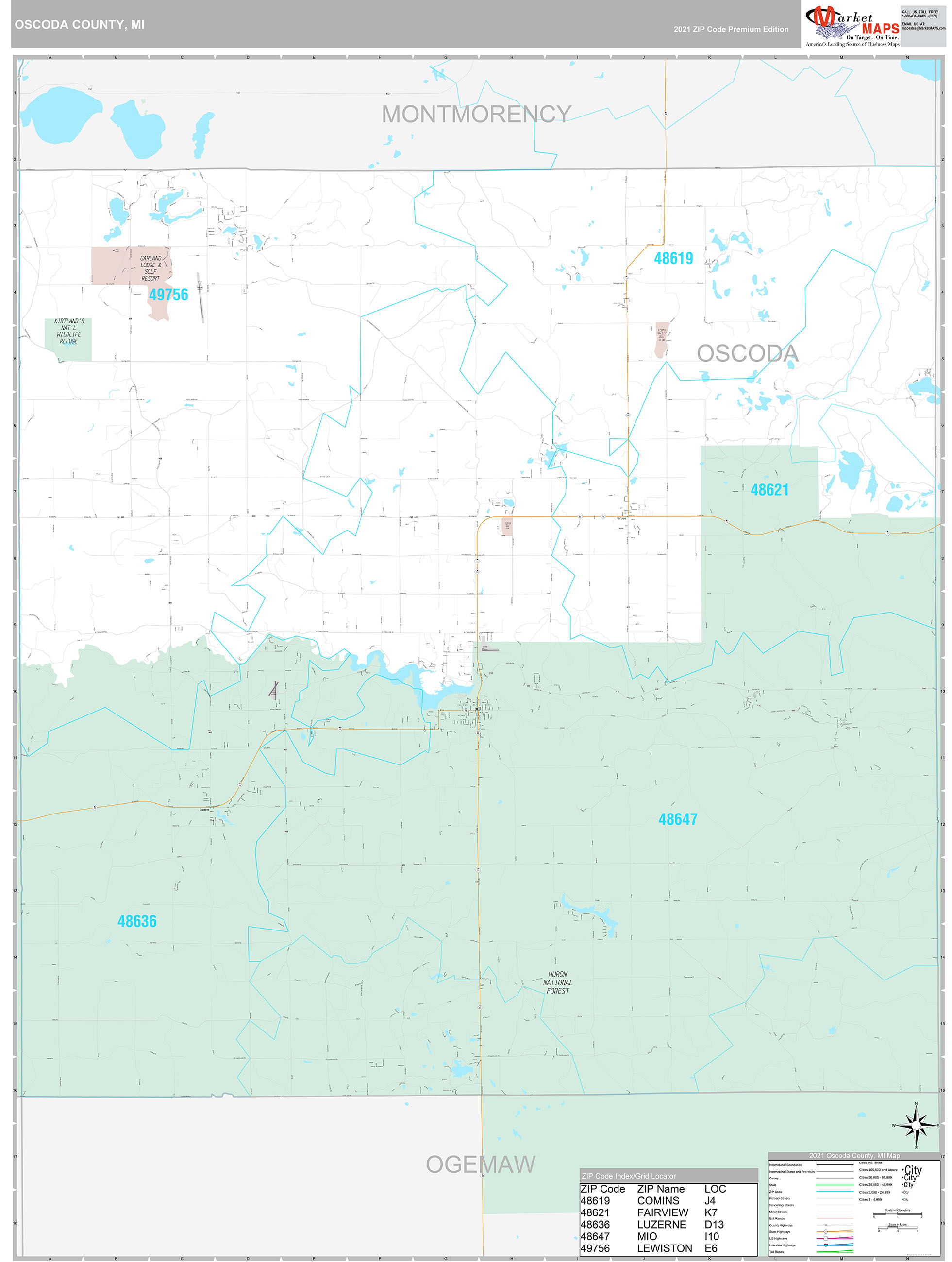 Oscoda County, MI Wall Map Premium Style by MarketMAPS MapSales