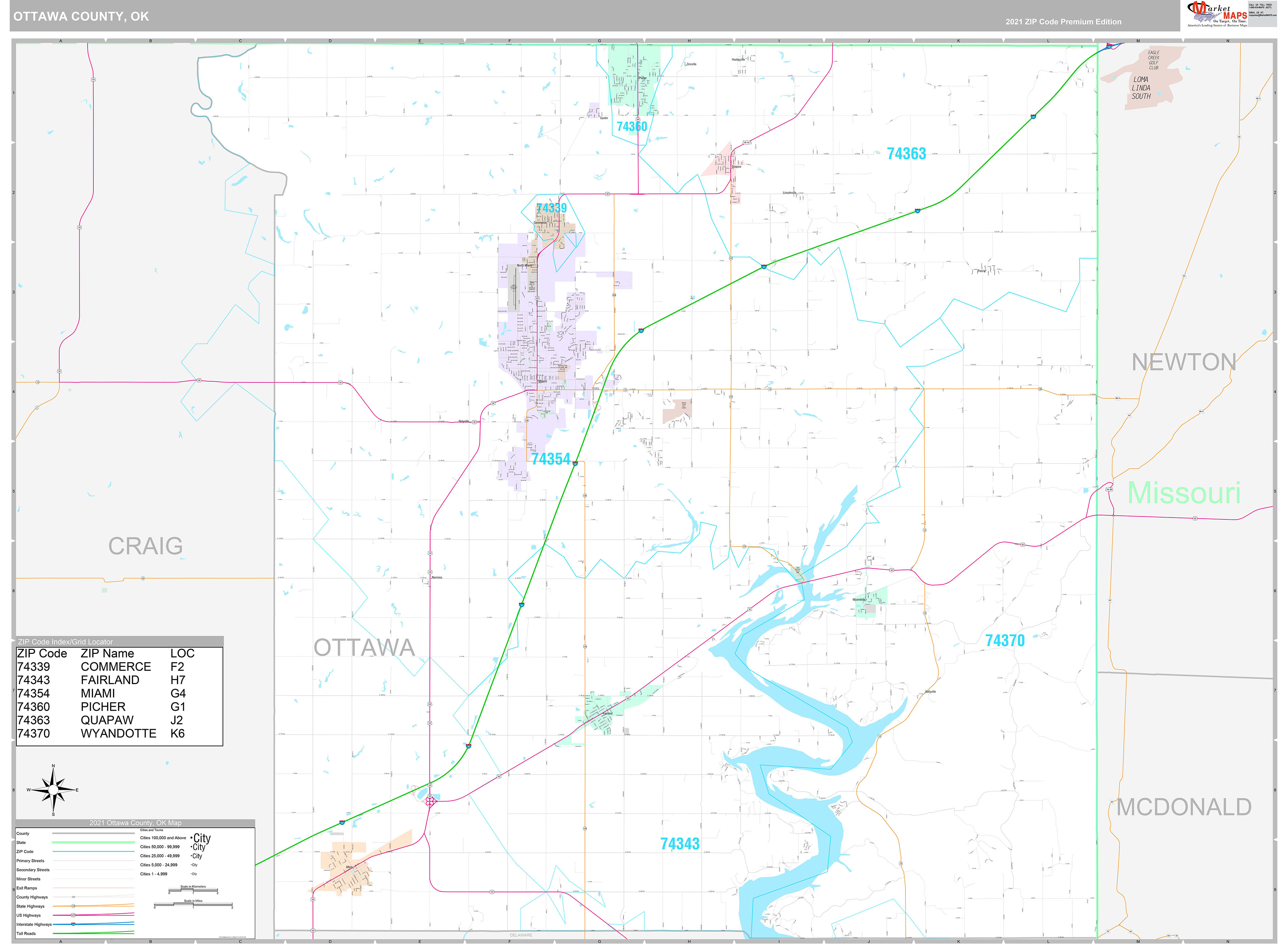 Ottawa County, OK Wall Map Premium Style by MarketMAPS