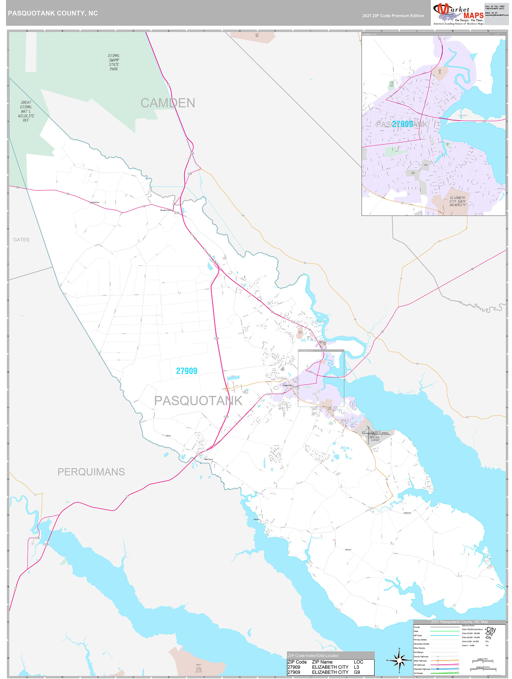 Pasquotank County, NC Wall Map Premium Style by MarketMAPS