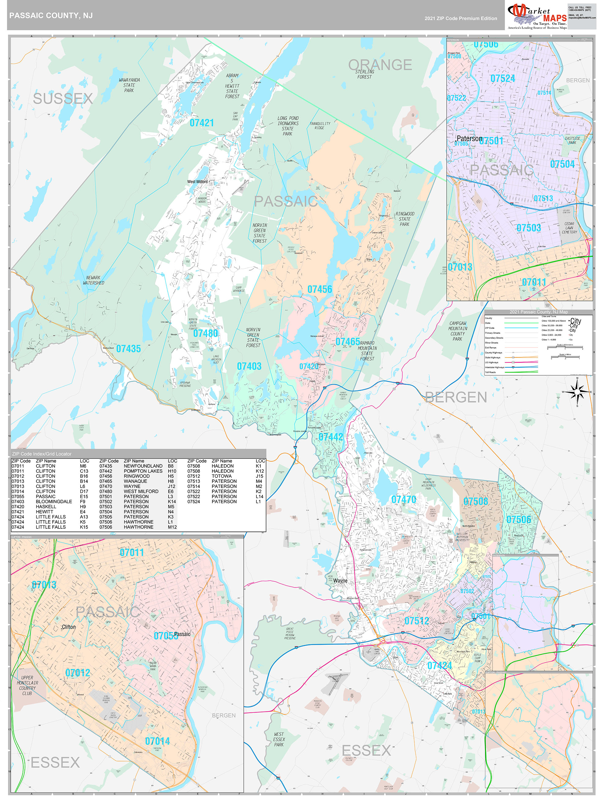 Passaic County, NJ Wall Map Premium Style by MarketMAPS