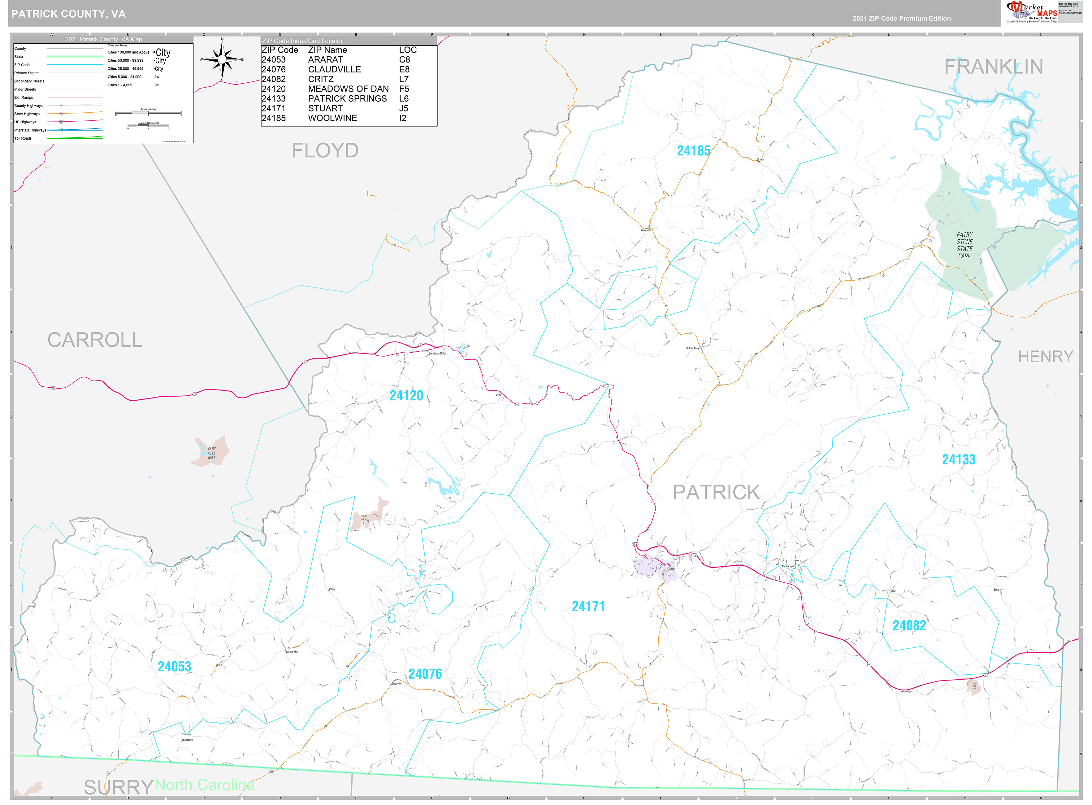 Patrick County, VA Wall Map Premium Style by MarketMAPS