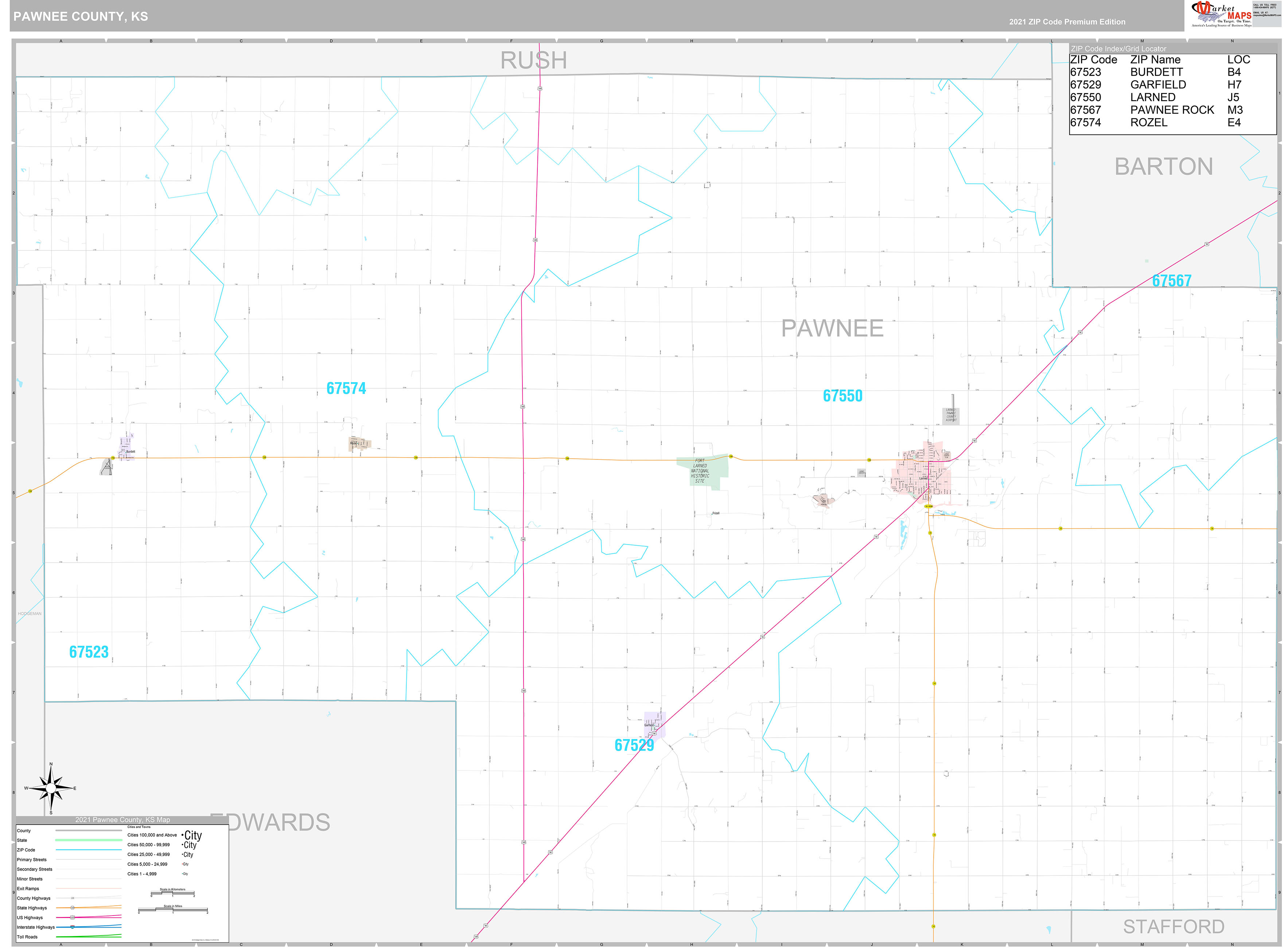 Pawnee County, KS Wall Map Premium Style by MarketMAPS