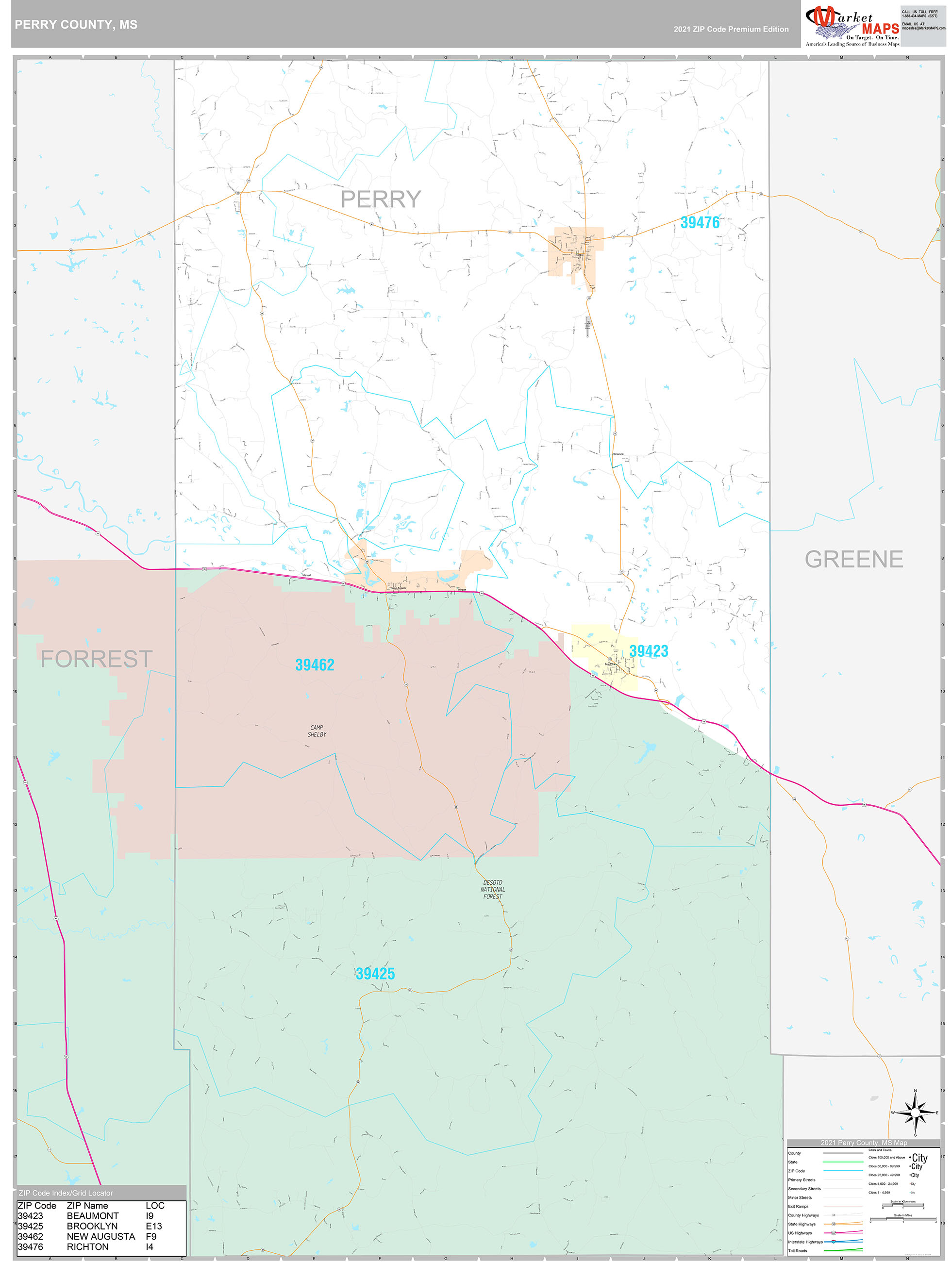 Perry County, MS Wall Map Premium Style by MarketMAPS