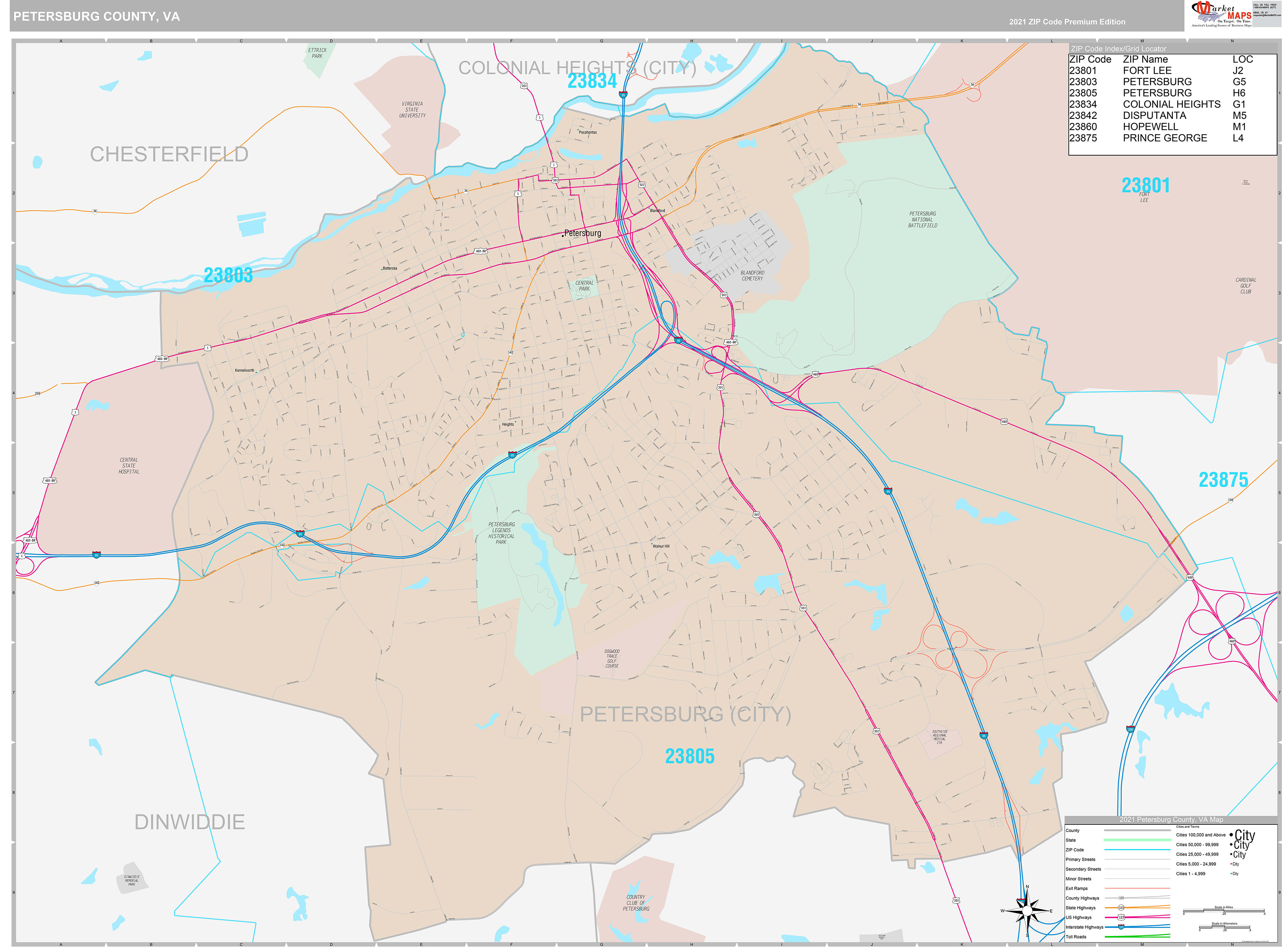 Petersburg County, VA Wall Map Premium Style by MarketMAPS MapSales