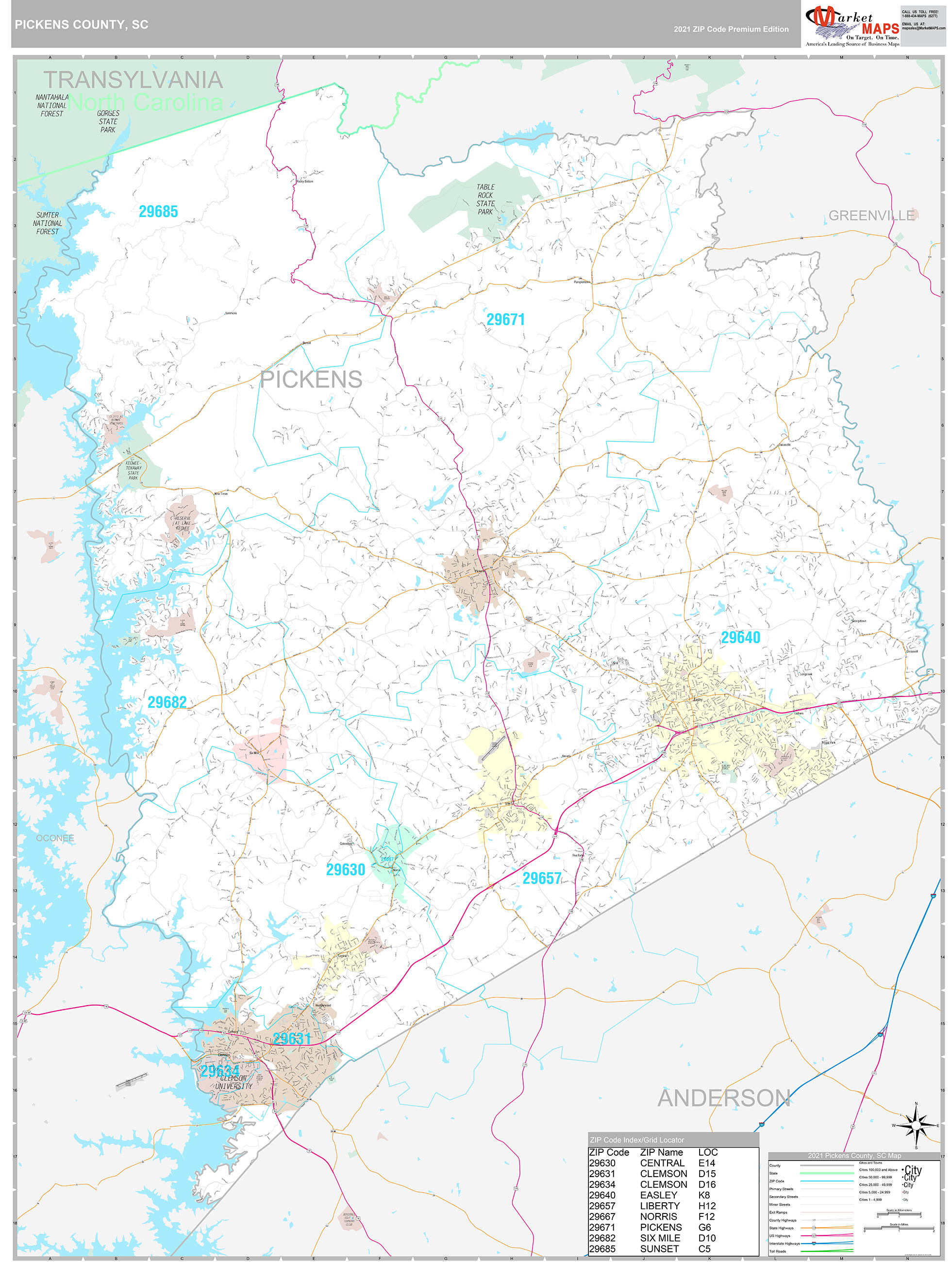 Pickens County, SC Wall Map Premium Style by MarketMAPS