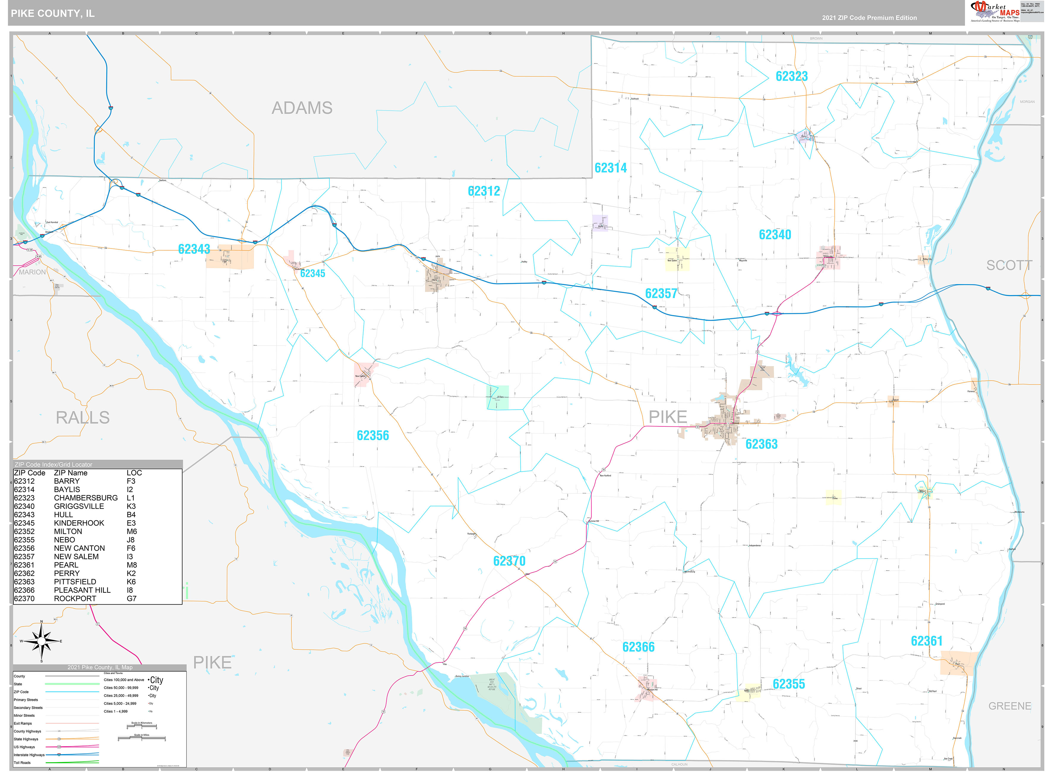 Pike County, IL Wall Map Premium Style by MarketMAPS MapSales