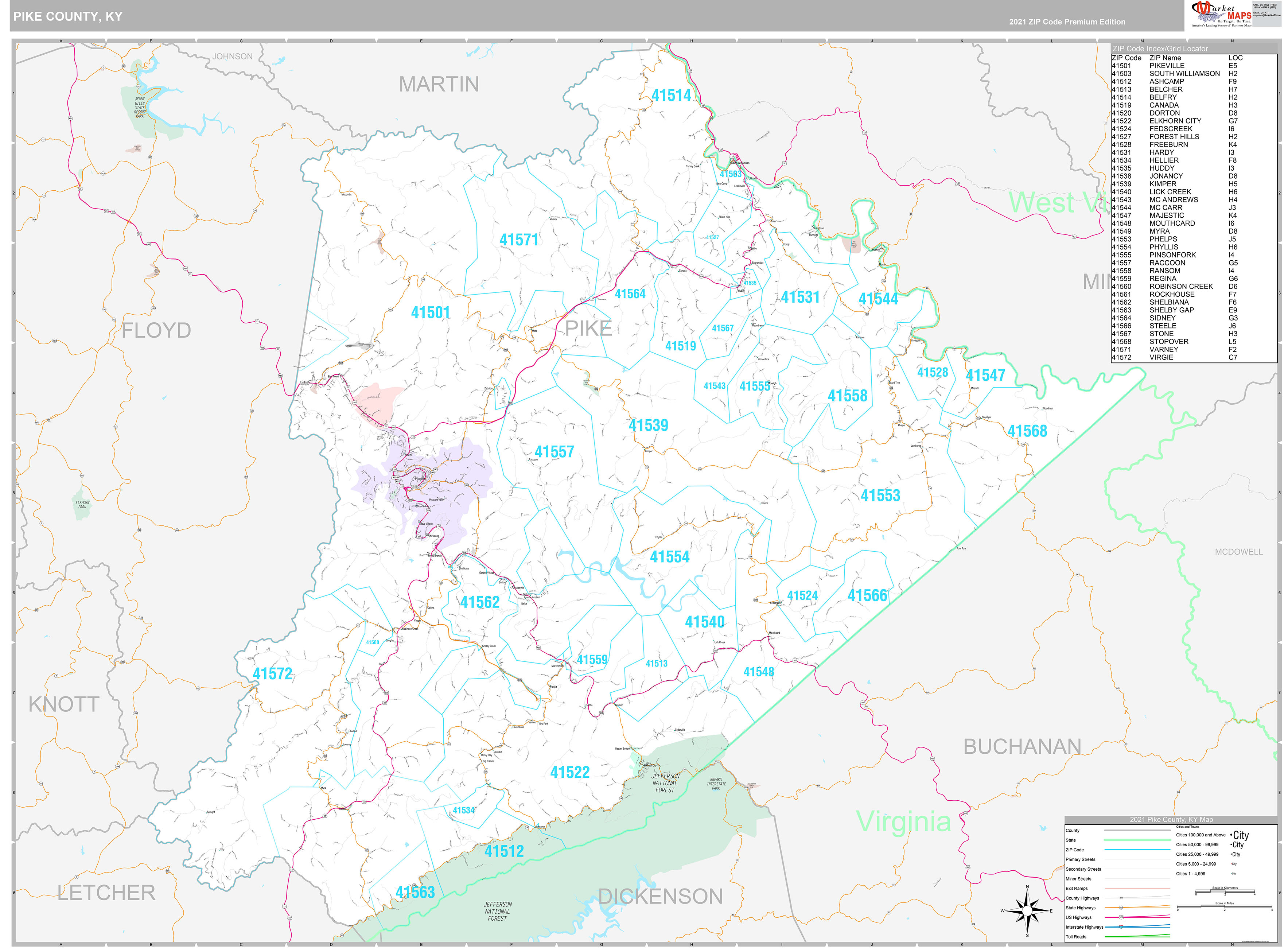 Pike County, KY Wall Map Premium Style by MarketMAPS MapSales