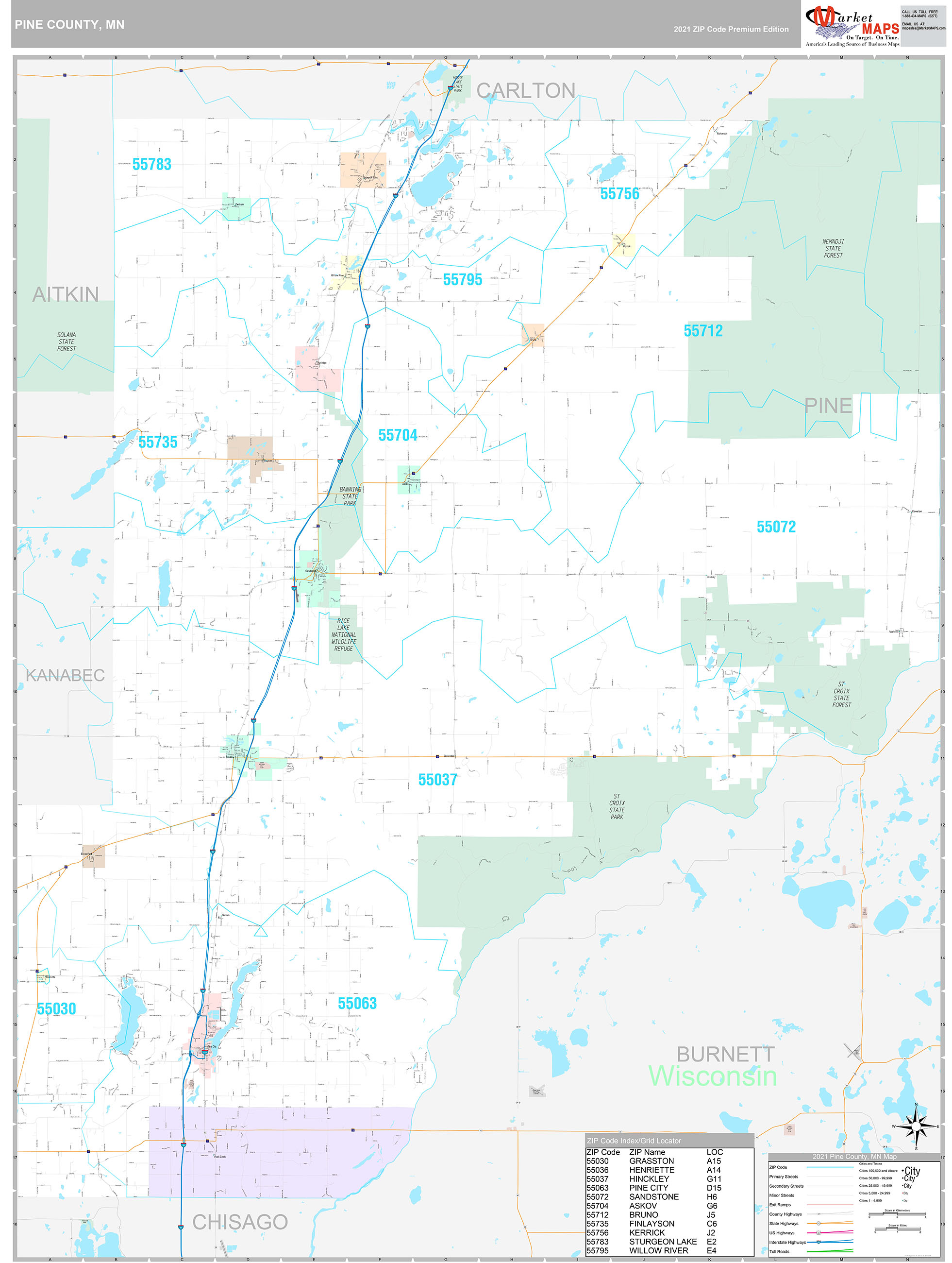 Pine County, MN Wall Map Premium Style by MarketMAPS MapSales