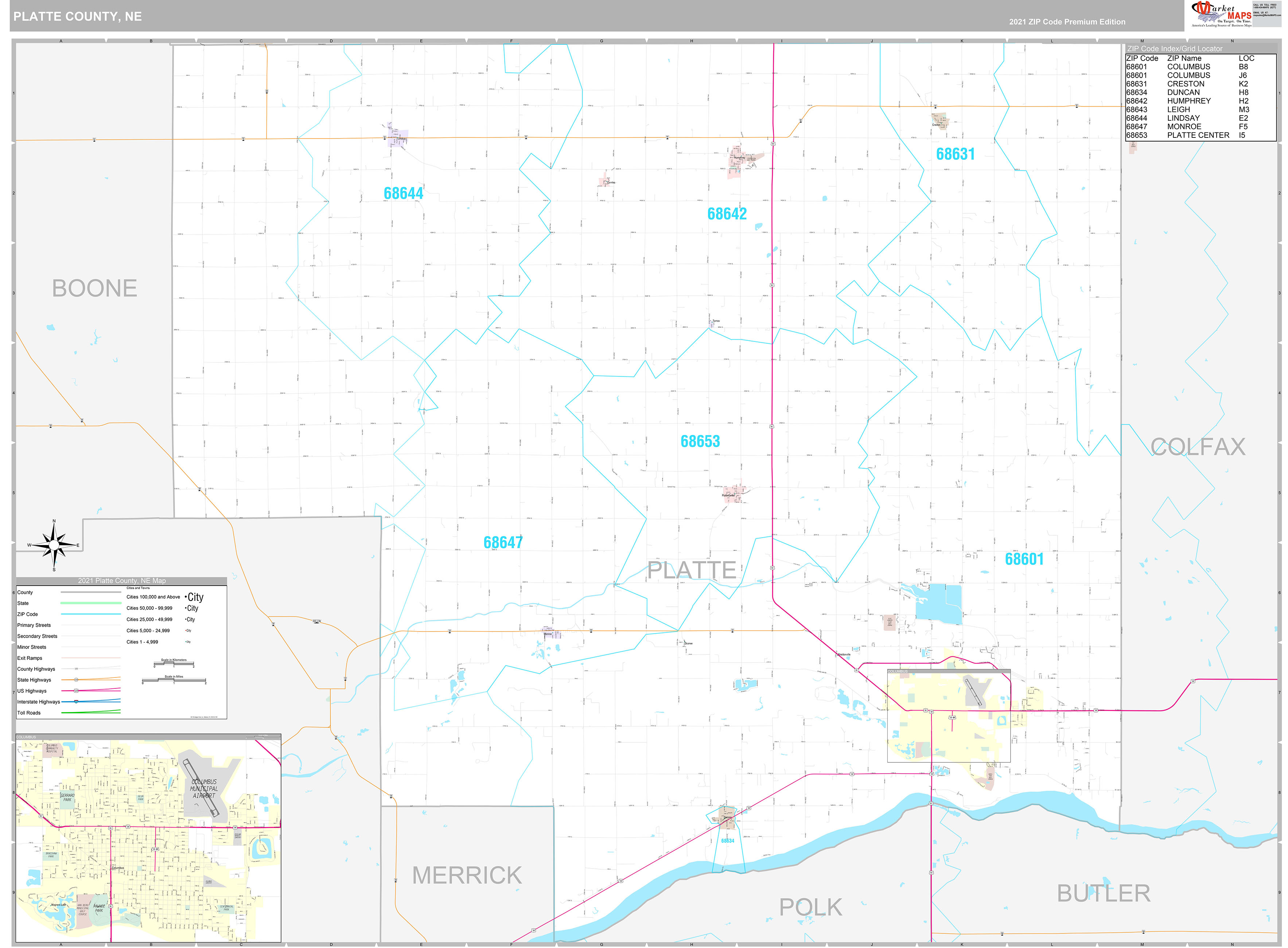 Platte County, NE Wall Map Premium Style by MarketMAPS