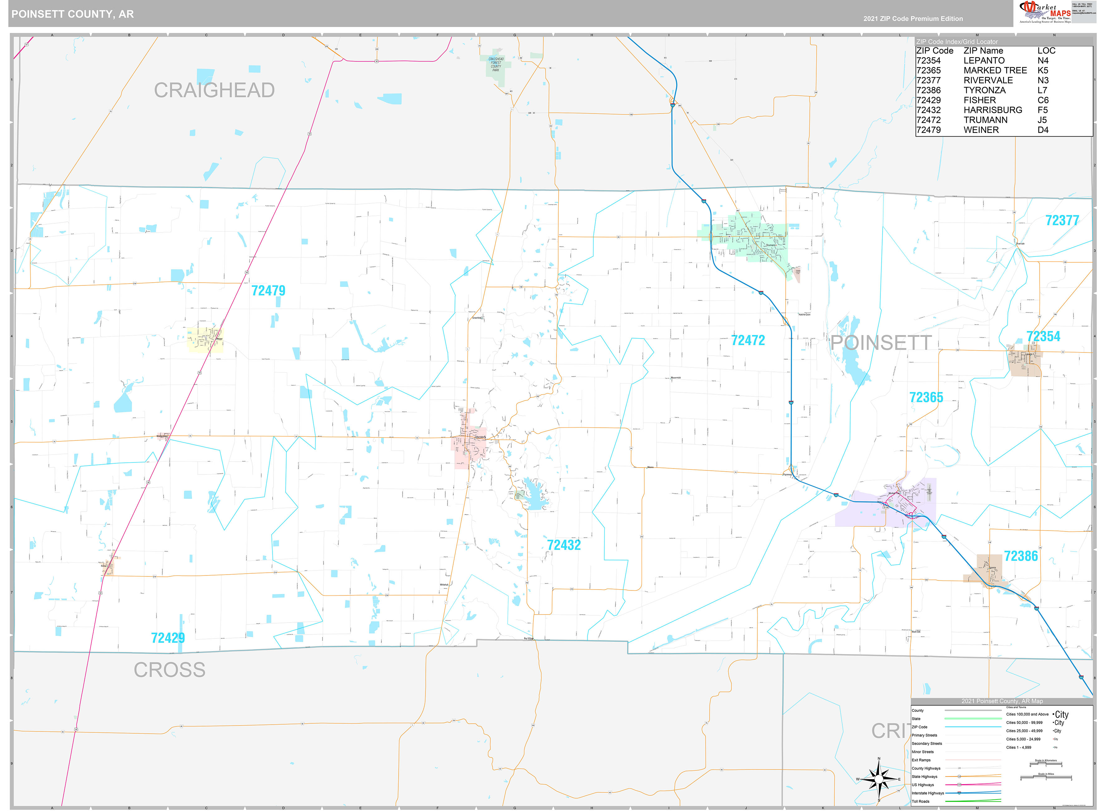 Poinsett County, AR Wall Map Premium Style by MarketMAPS