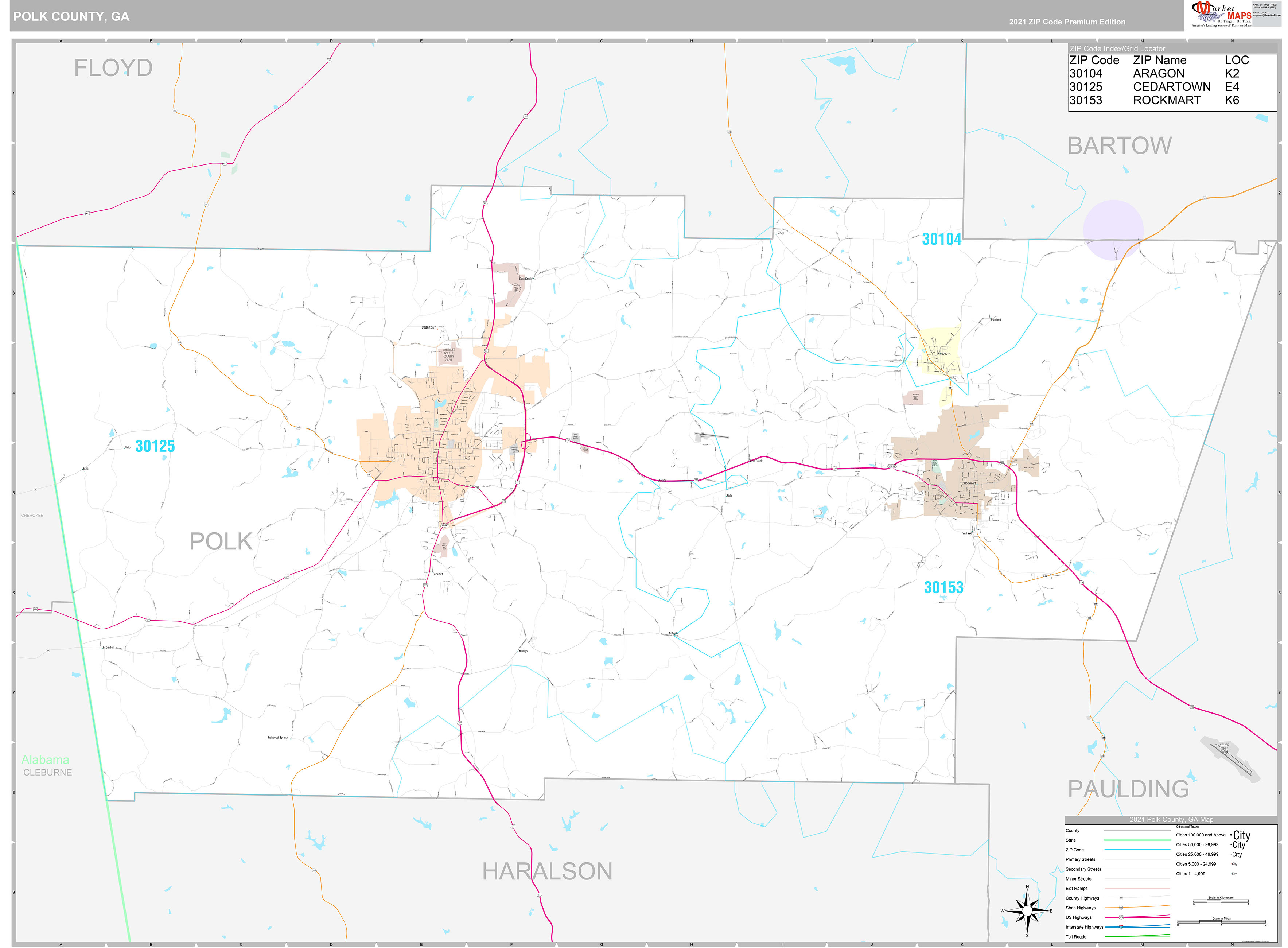 Polk County, GA Wall Map Premium Style by MarketMAPS