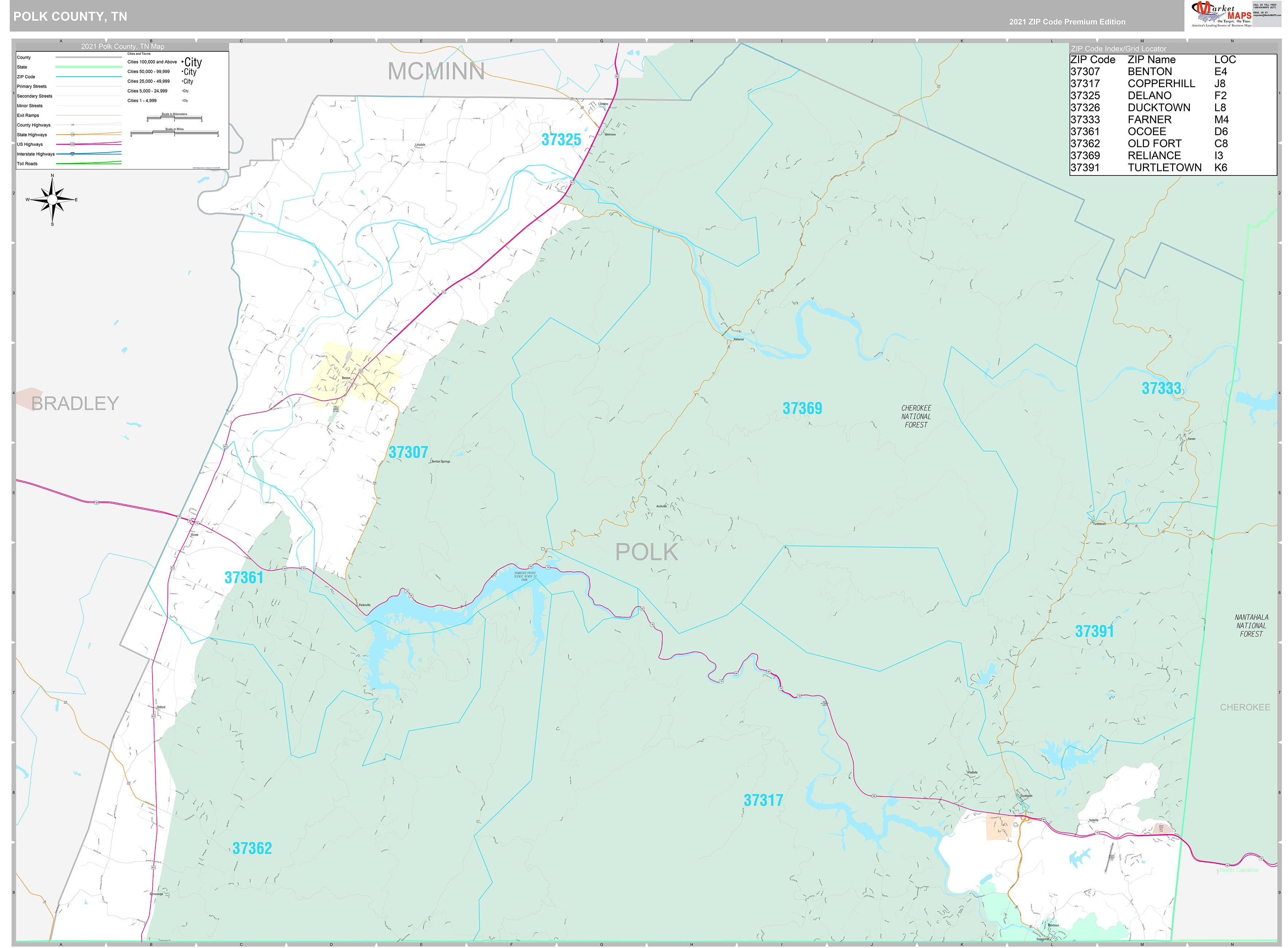 Polk County, TN Wall Map Premium Style by MarketMAPS