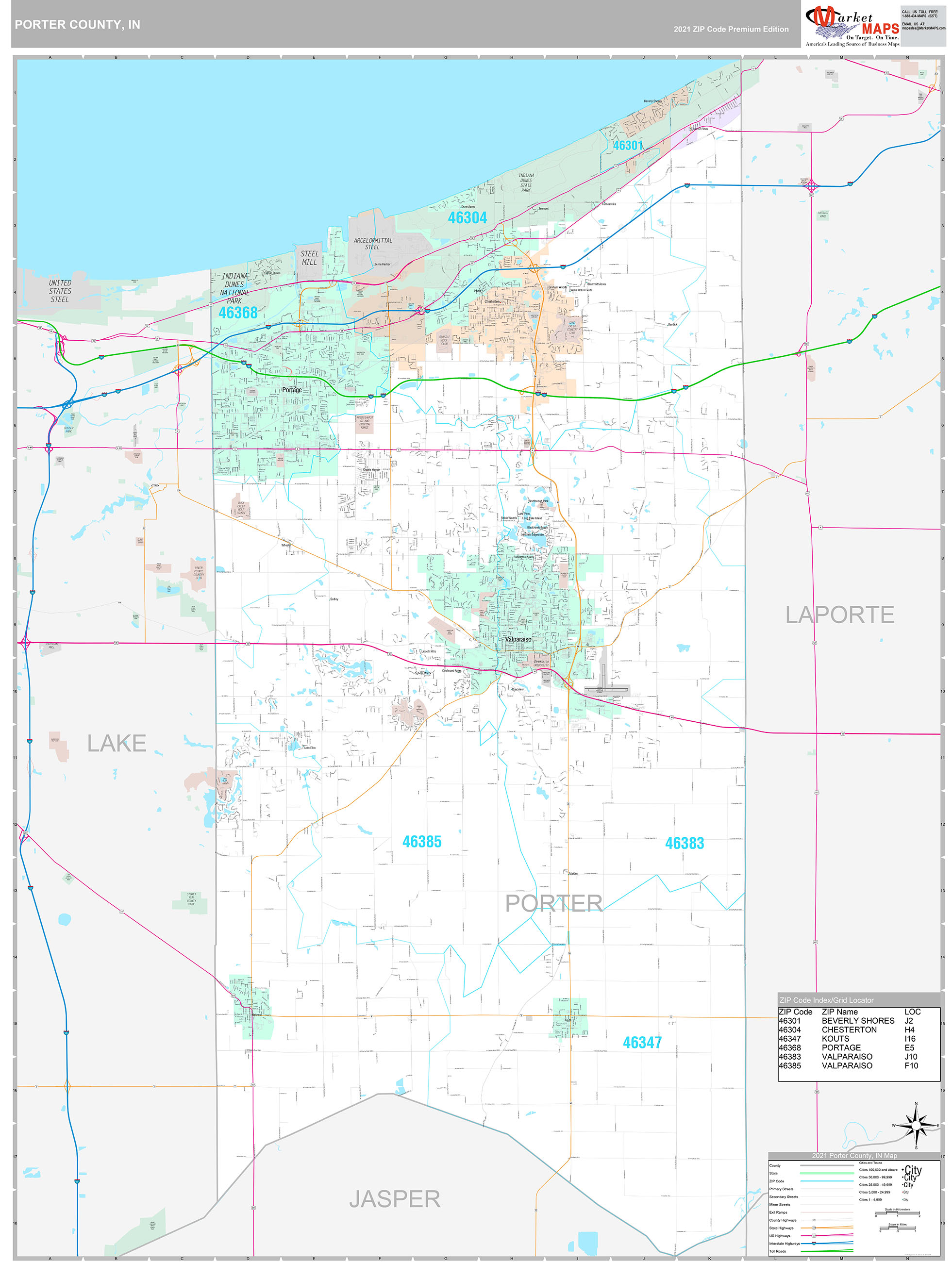 Porter County, IN Wall Map Premium Style by MarketMAPS