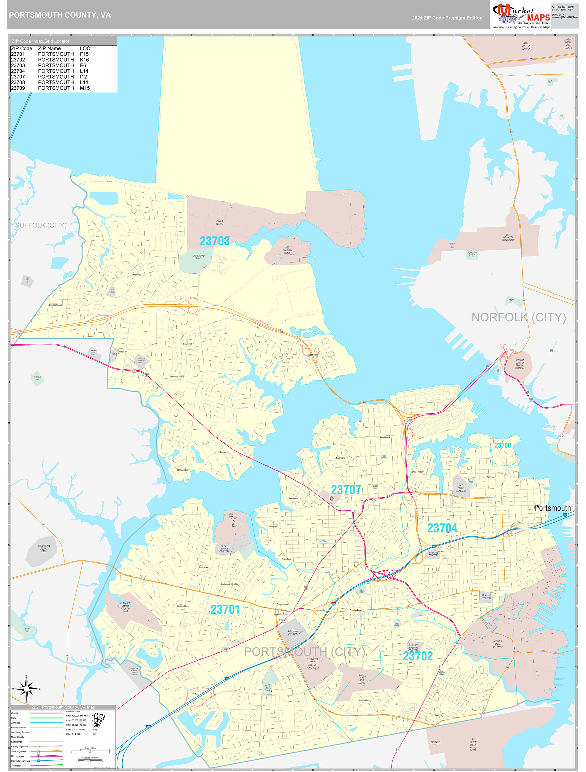 Portsmouth County, VA Wall Map Premium Style by MarketMAPS