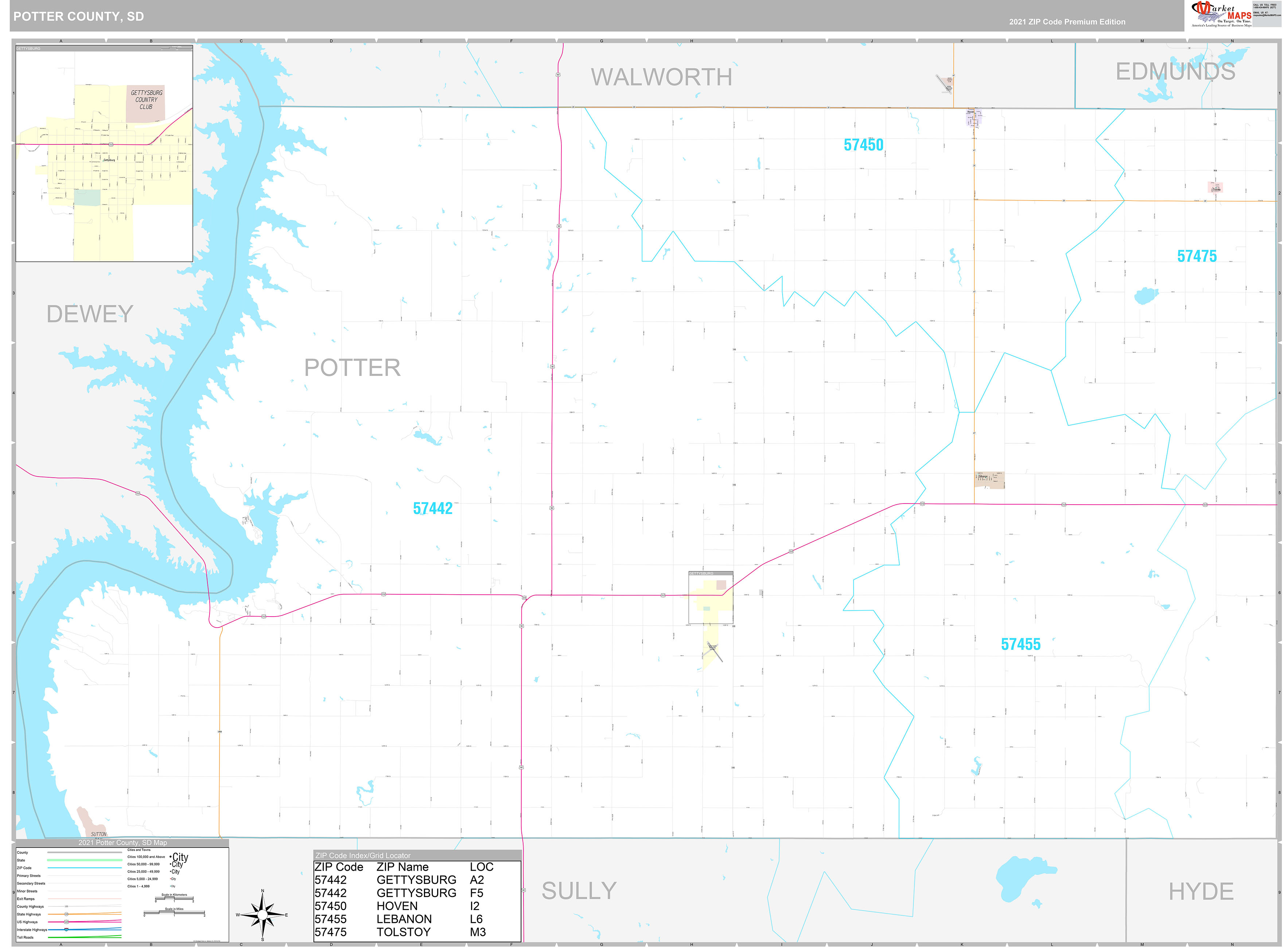 Potter County, SD Wall Map Premium Style by MarketMAPS MapSales