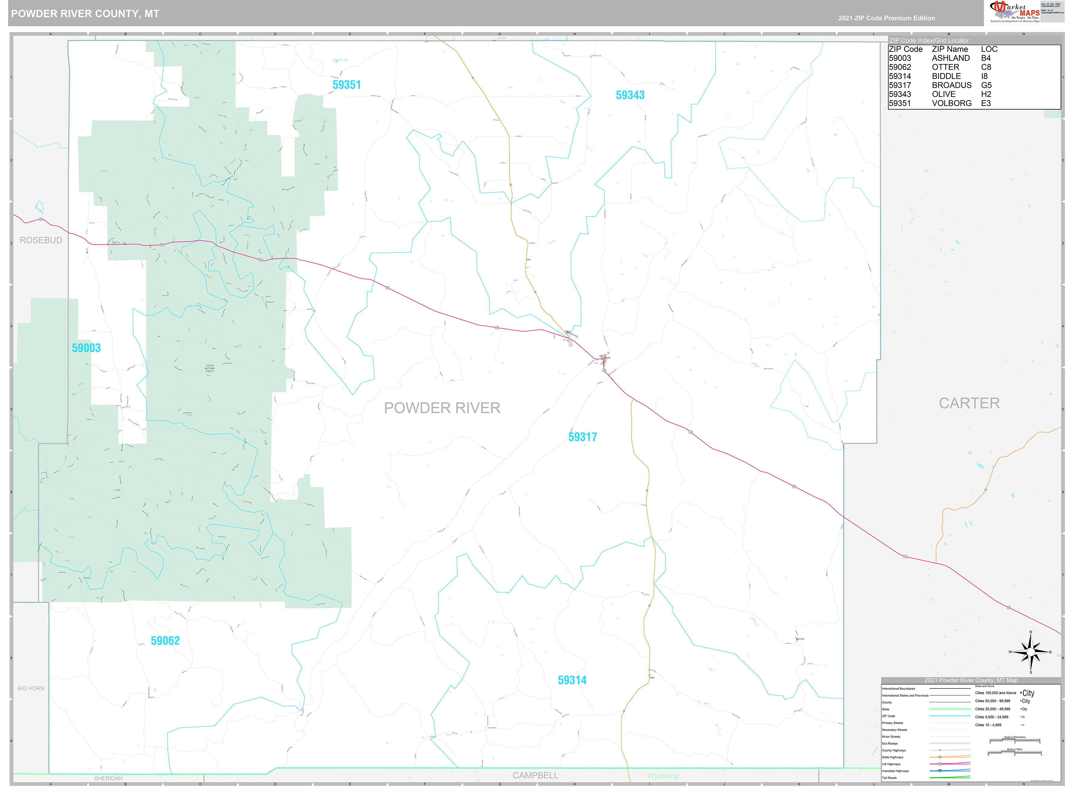Powder River County, MT Wall Map Premium Style by MarketMAPS