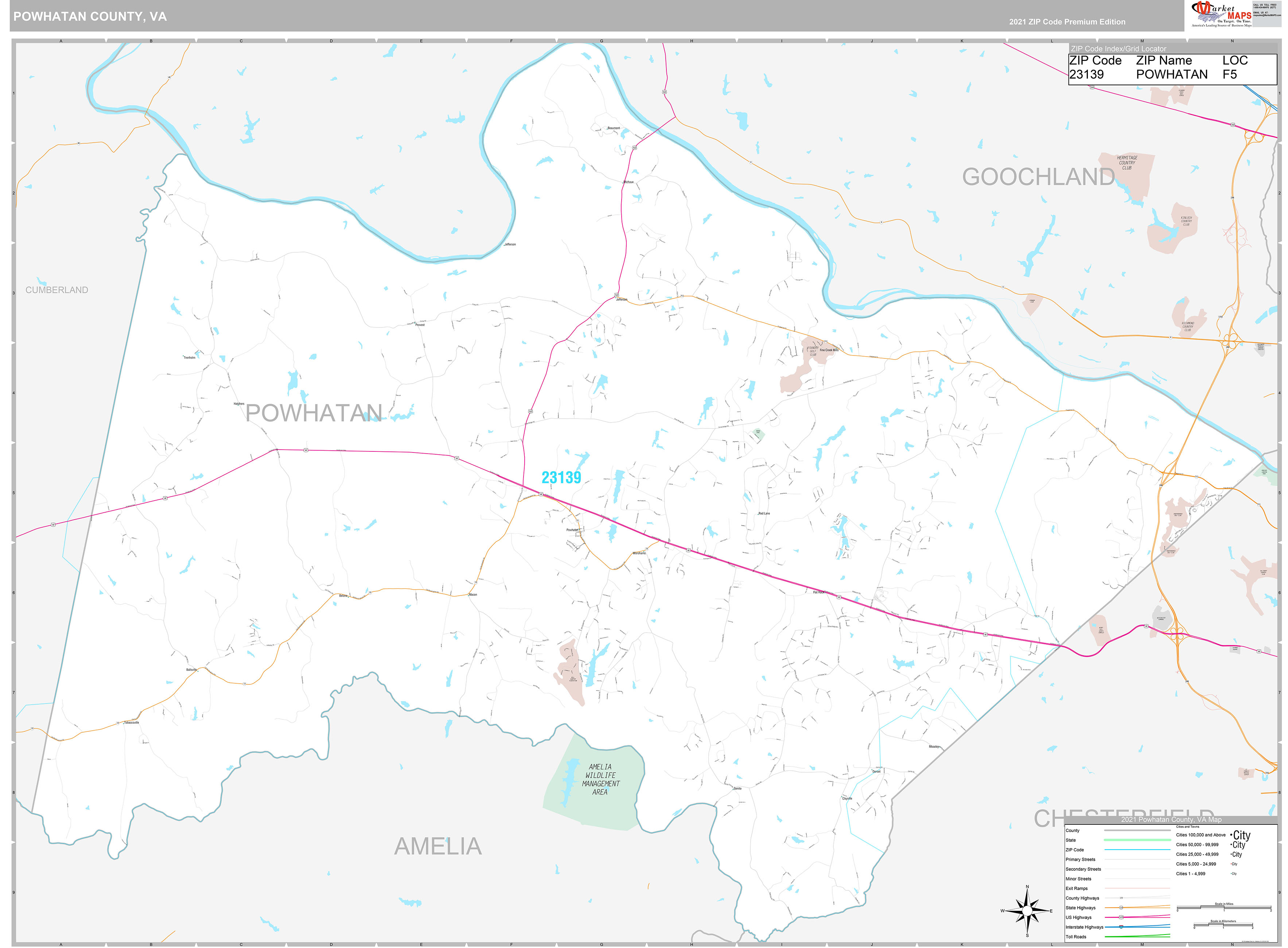 Powhatan County, VA Wall Map Premium Style by MarketMAPS MapSales