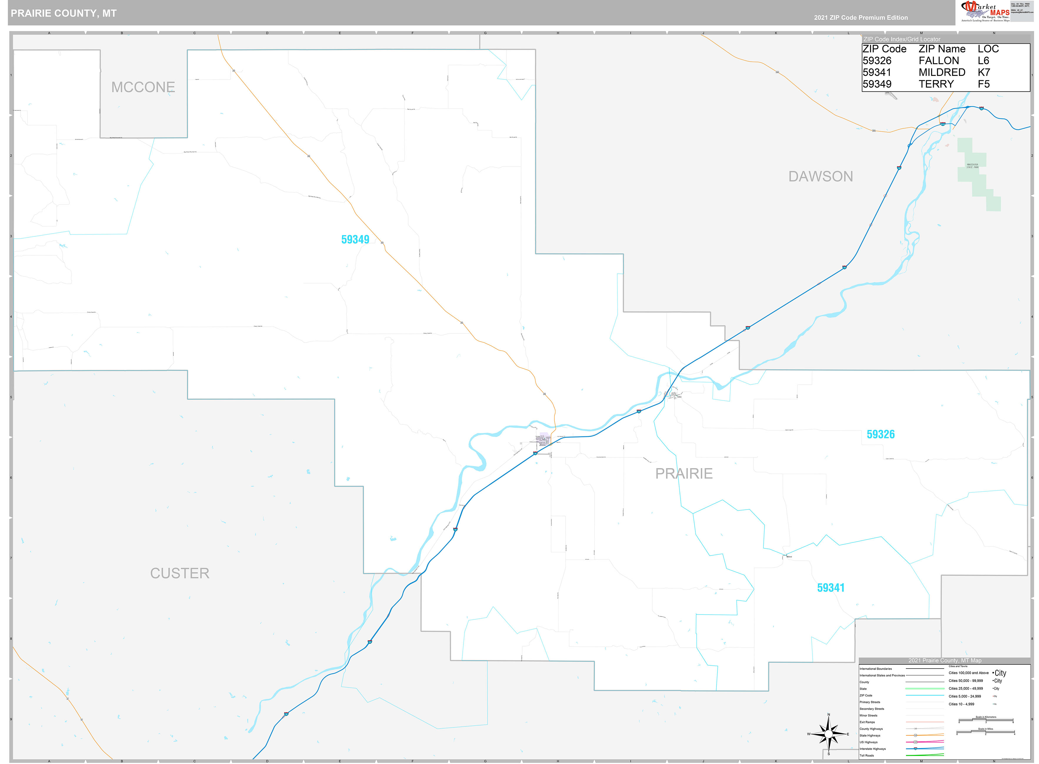 Prairie County, MT Wall Map Premium Style by MarketMAPS