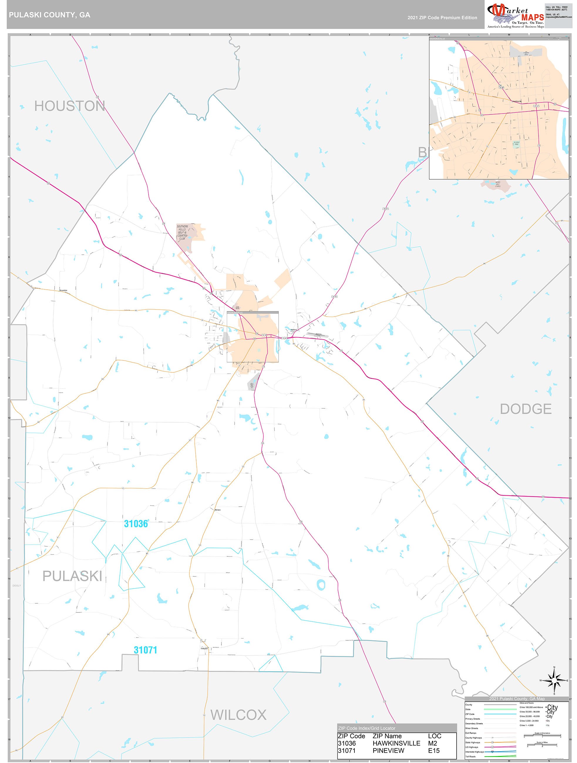 Pulaski County, GA Wall Map Premium Style by MarketMAPS