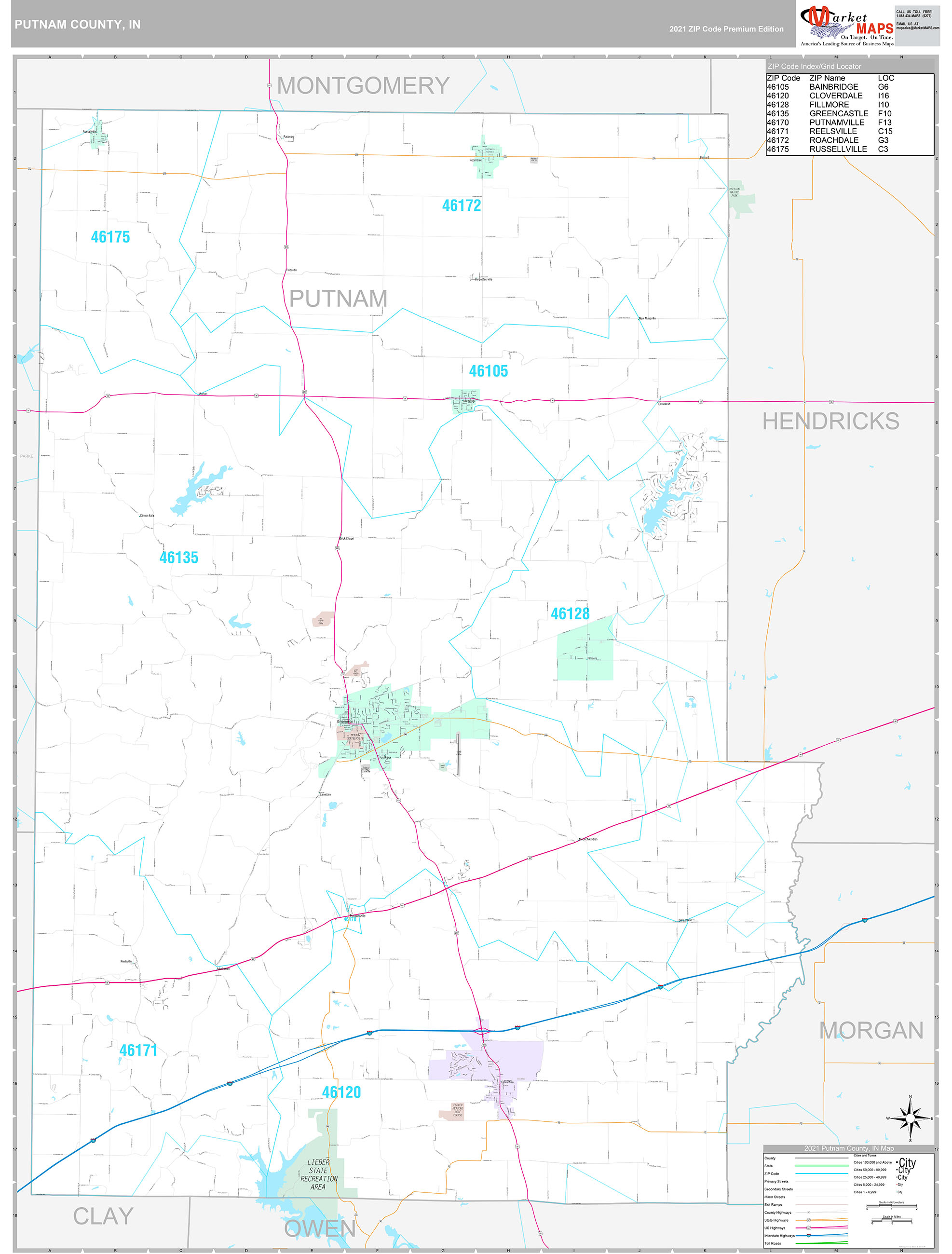 Putnam County, IN Wall Map Premium Style by MarketMAPS MapSales
