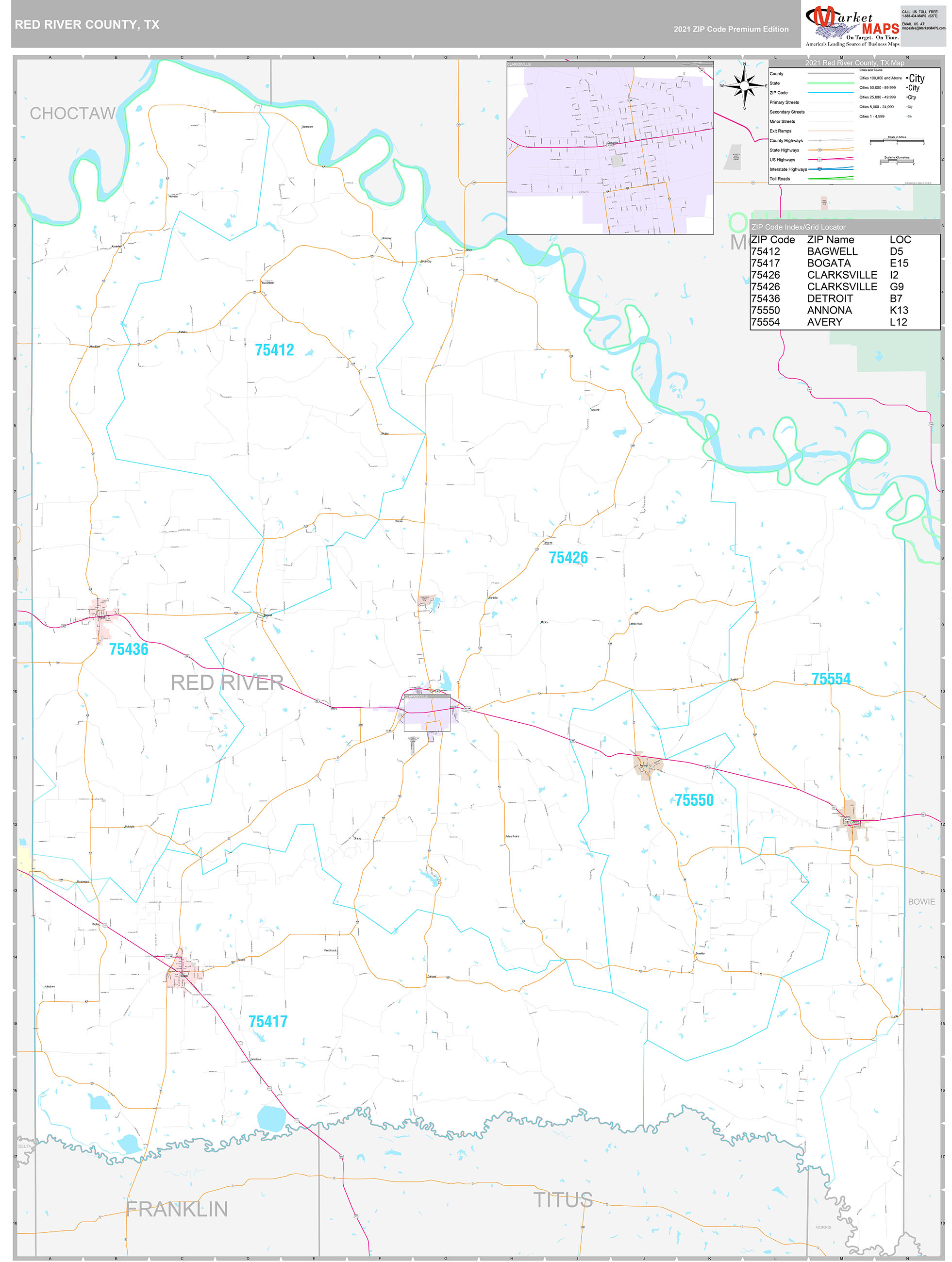 Red River County, TX Wall Map Premium Style by MarketMAPS