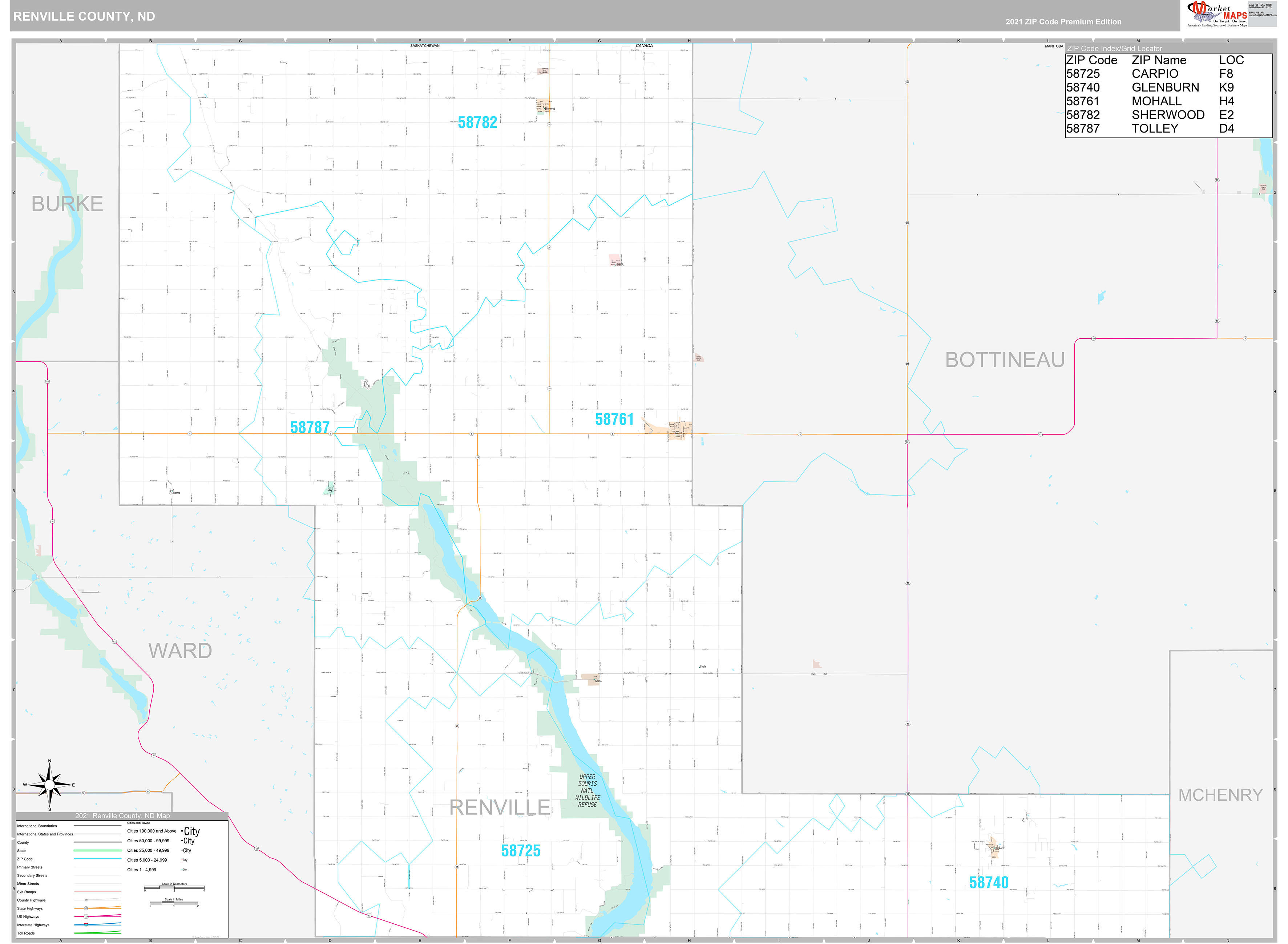 Renville County, ND Wall Map Premium Style by MarketMAPS
