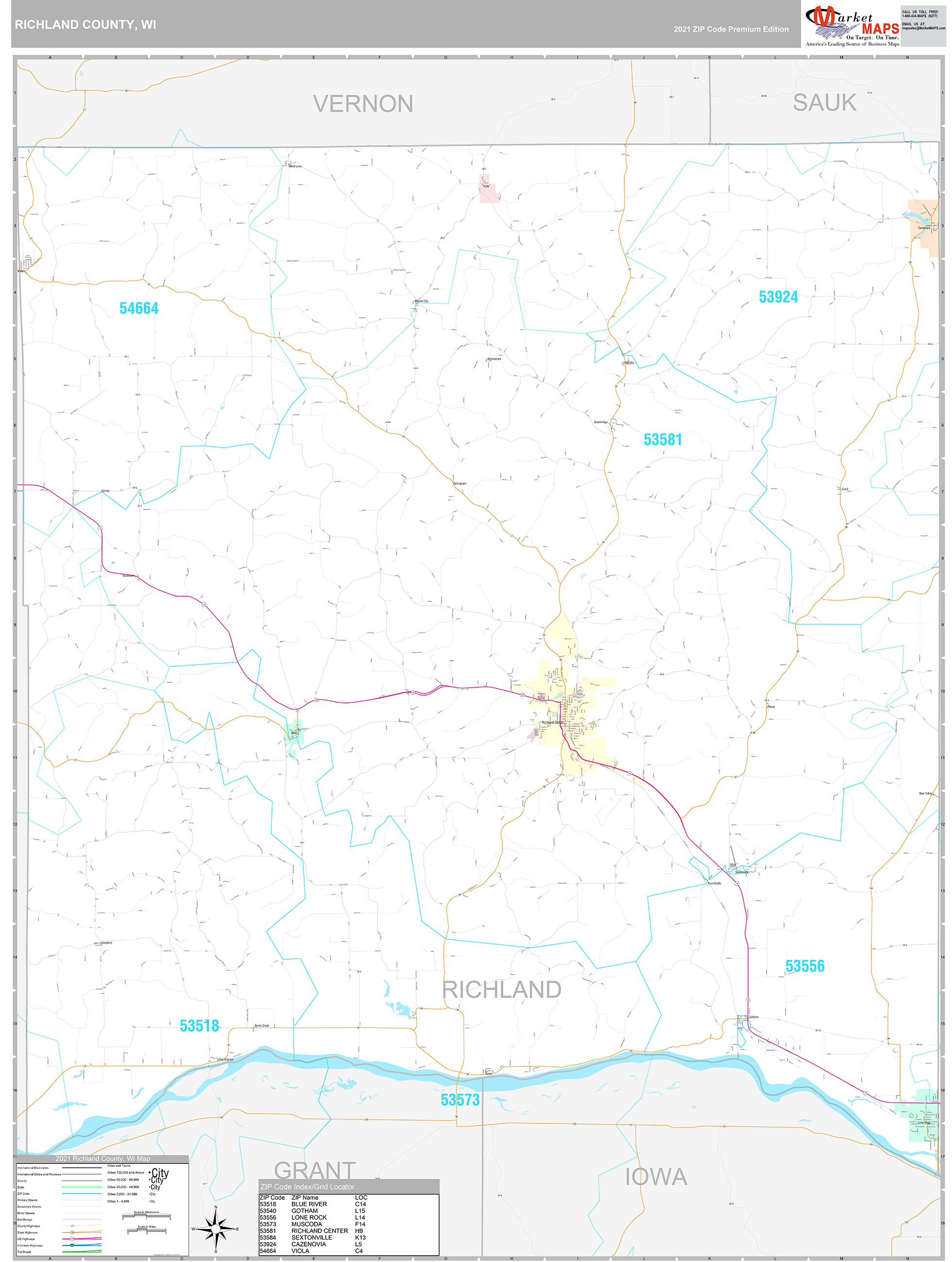 Richland County, WI Wall Map Premium Style by MarketMAPS